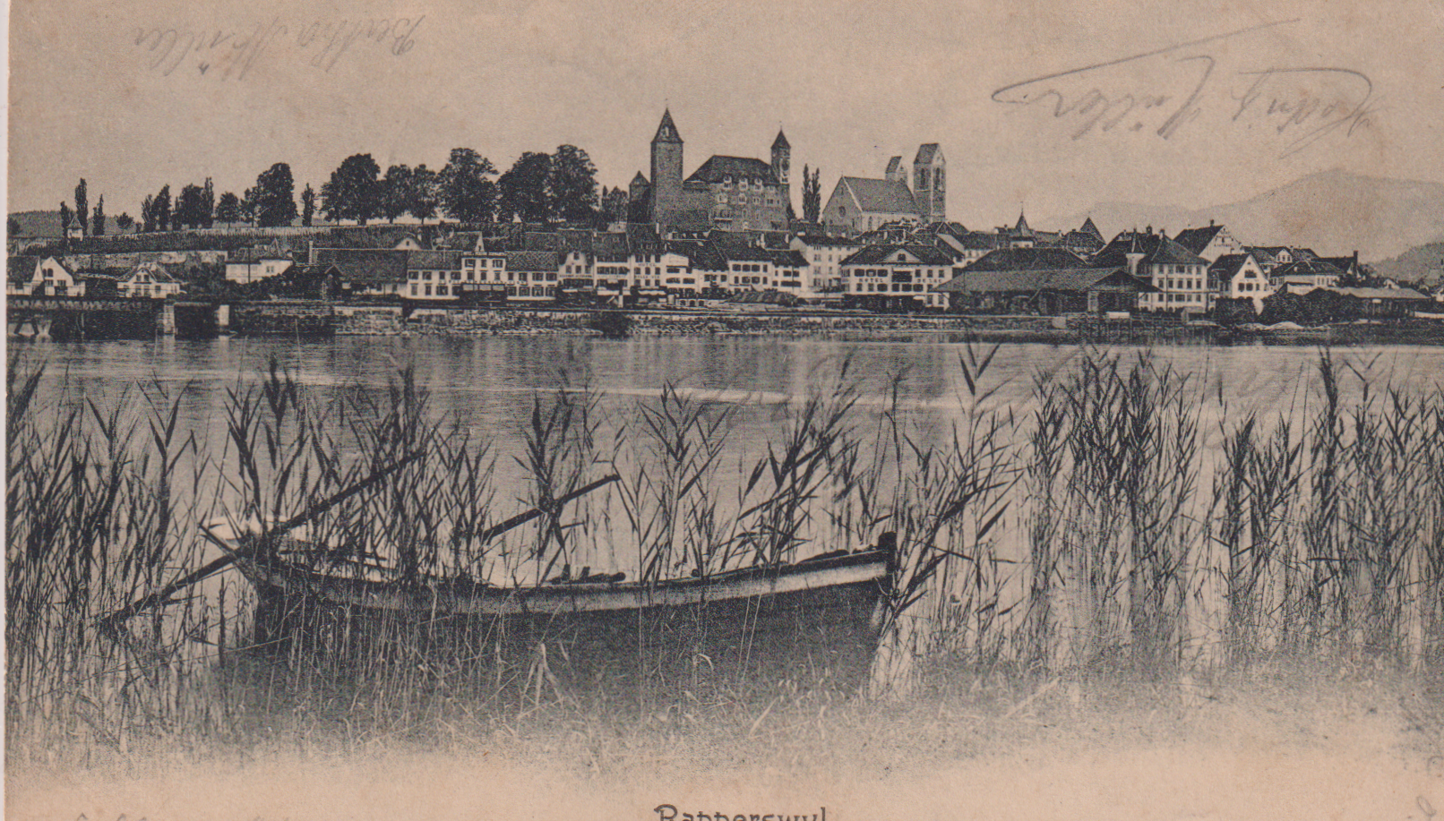 Ansichtskarte von Rapperswil mit alten Holzkahn 1906