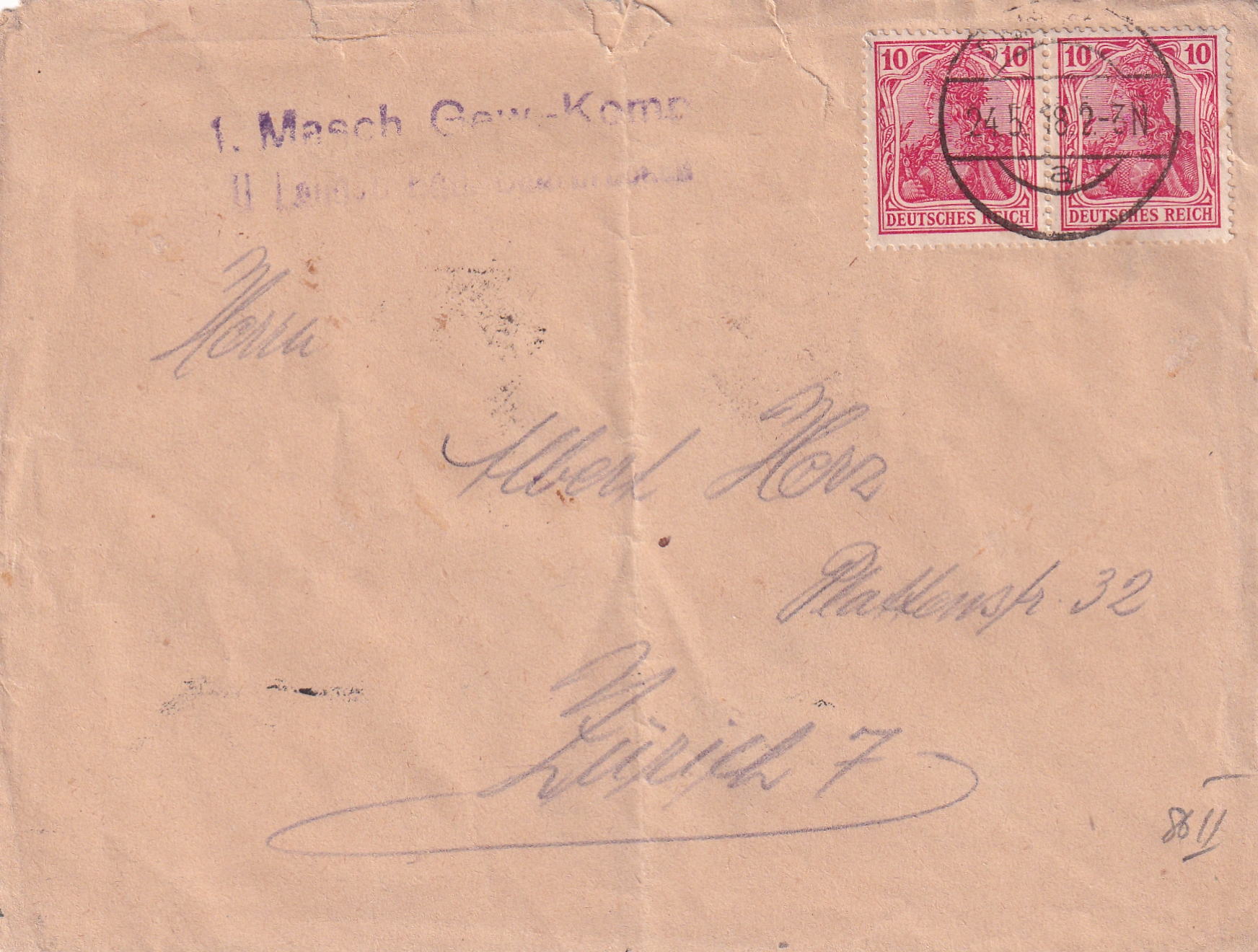 Deutsche Reich: 19.06.1918 Masch.Gew.Komp. - Zürich >Mi 86 II a geprüft Kroschel