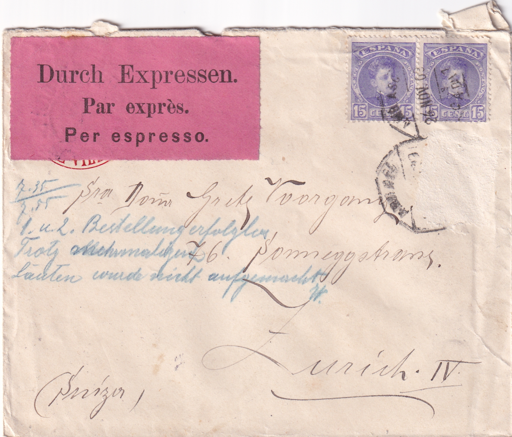 1910 Frankreich - Zürich Durch den Expressdienst  mit Ankunftsstempel