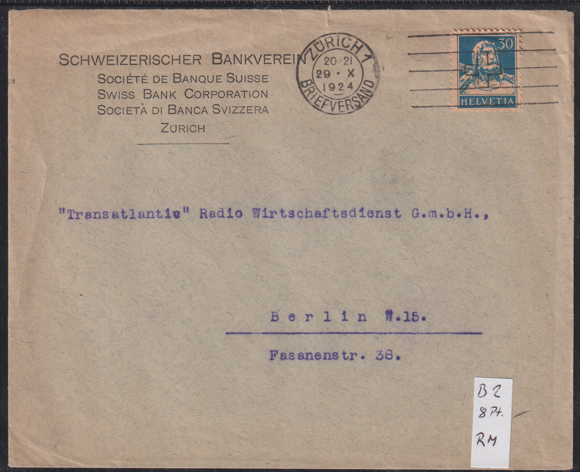 Perfin: Schweizerischer Bankverein B2 Brief Zürich - Berlin