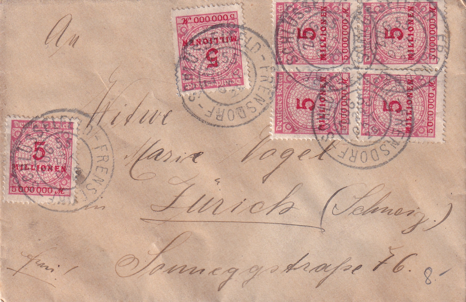 Deutsche Reich: 29.10.1923 Schlüsselfeld D - Zürich  Inflationsperiode 21