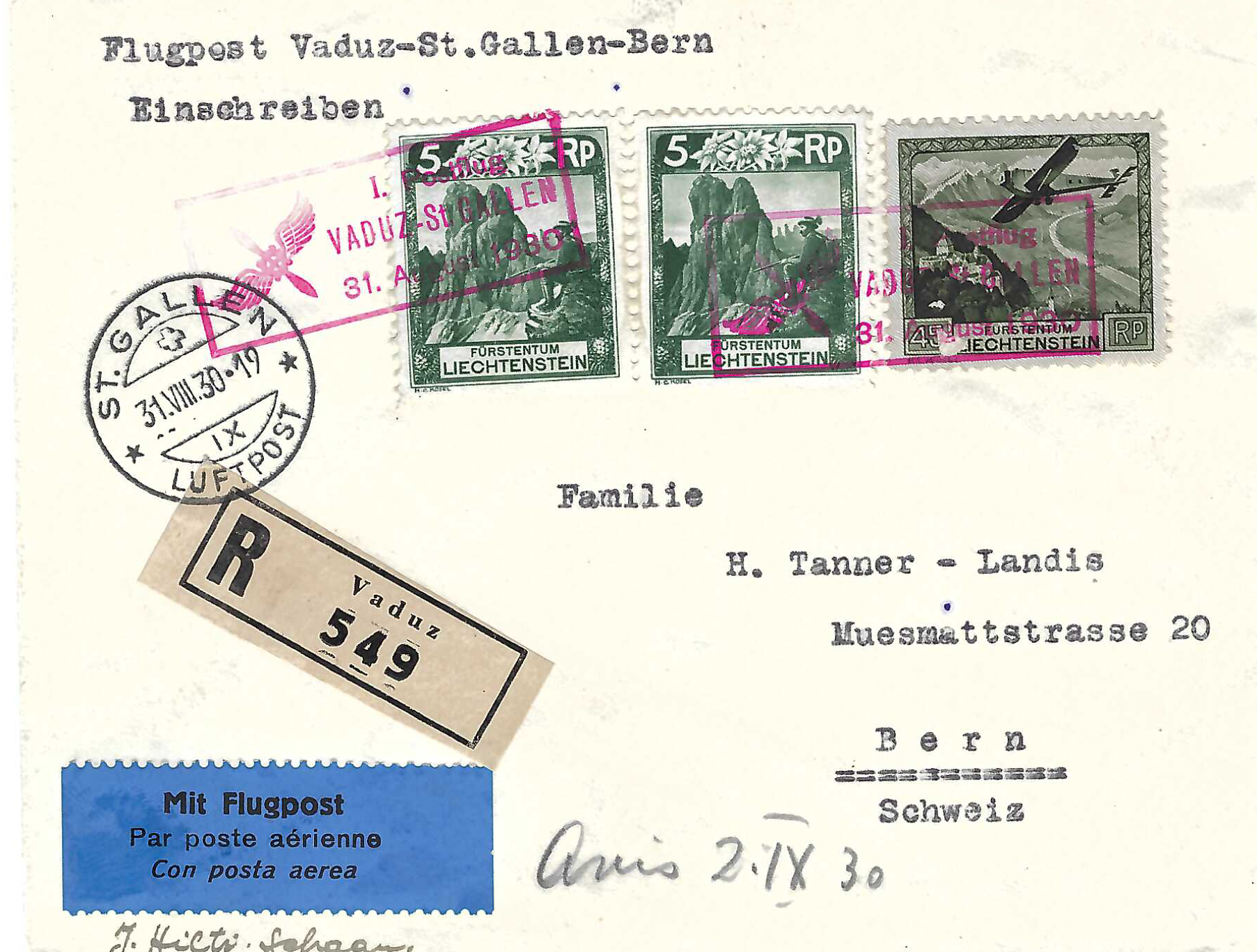 Flugtag Vaduz  Vaduz - St. Gallen - Bern vom 31.8.1930