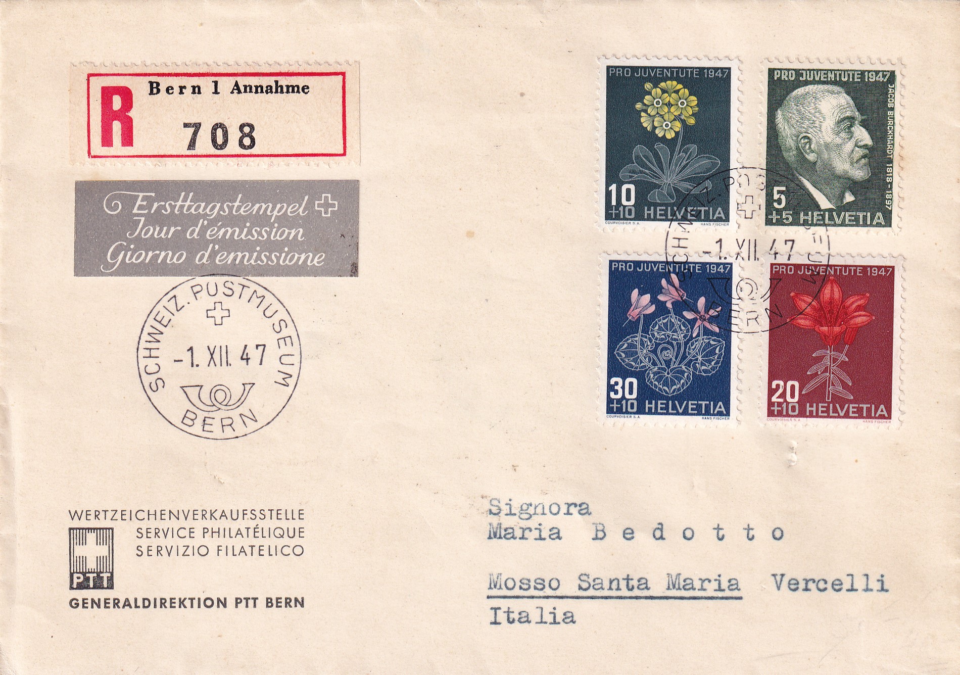 1947 Erstagsbrief 1.12.  Deutsch Pro Juventute