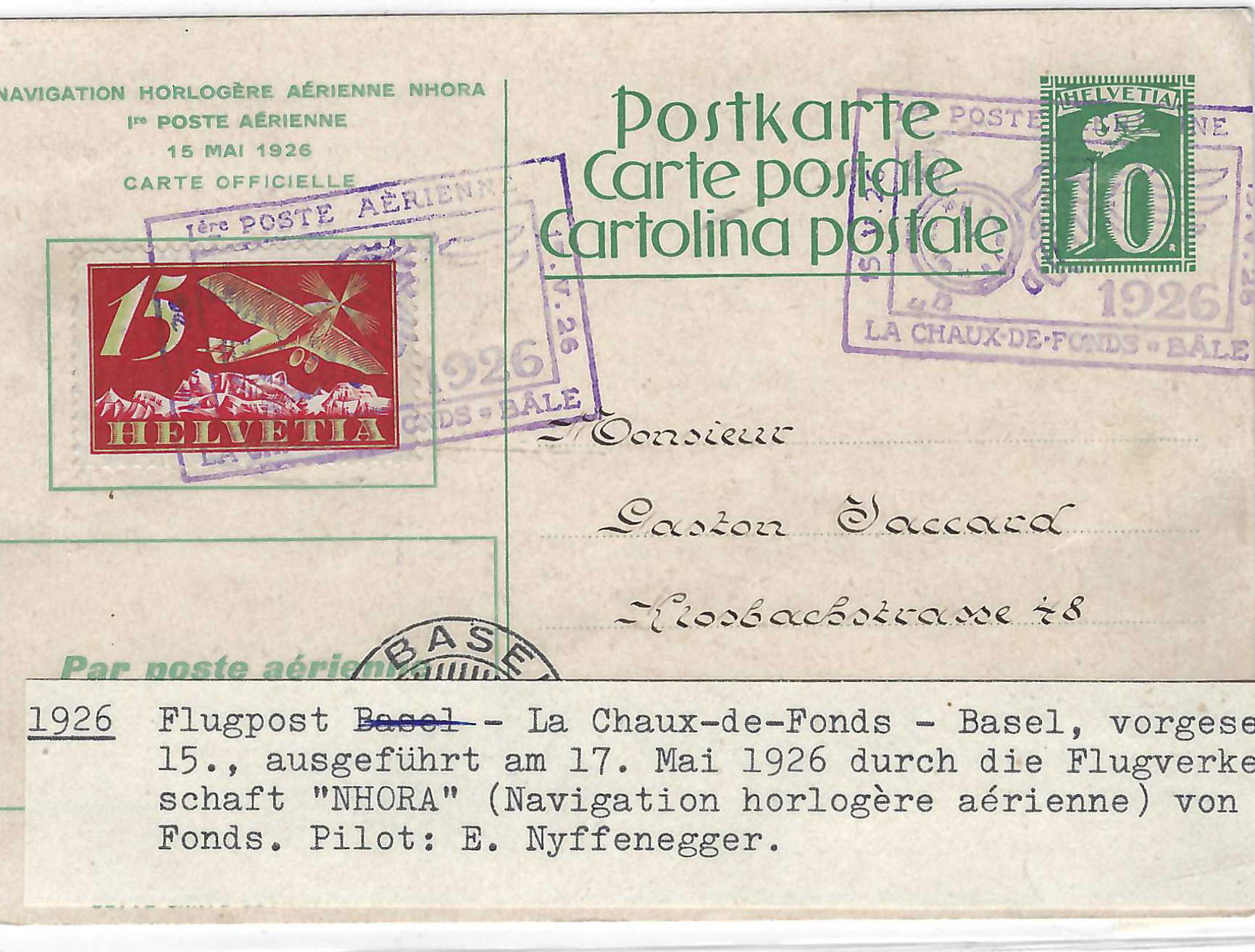 1926 Flug La Chaux de Fonds - Basel