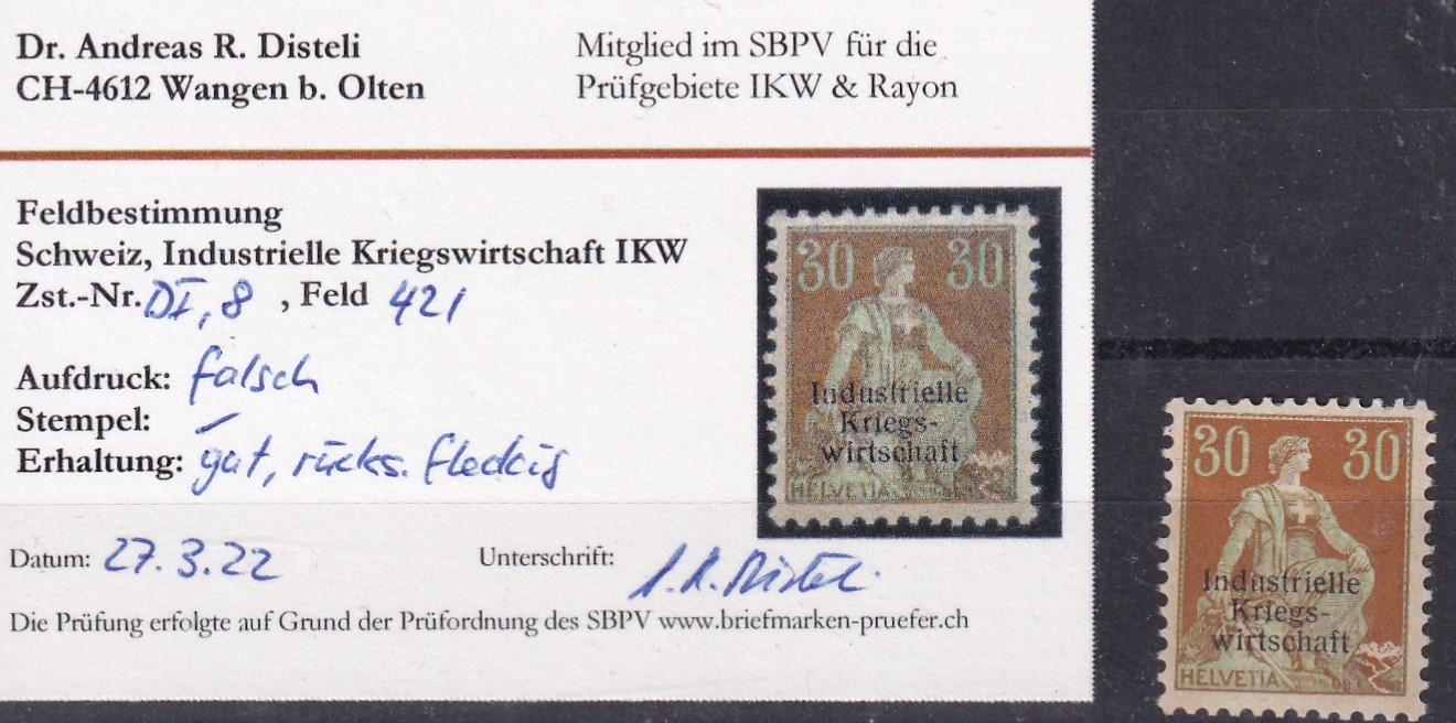 IKW Nr. 8 Feld 42 Aufdruck Falsch Attest Disteli