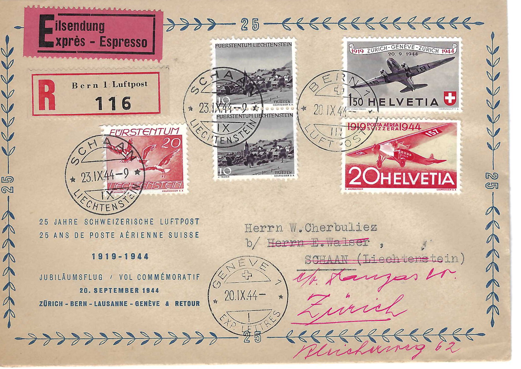 Jubiläumsflug 20.Sept 1944 Zürich - Bern - Geneve Retour