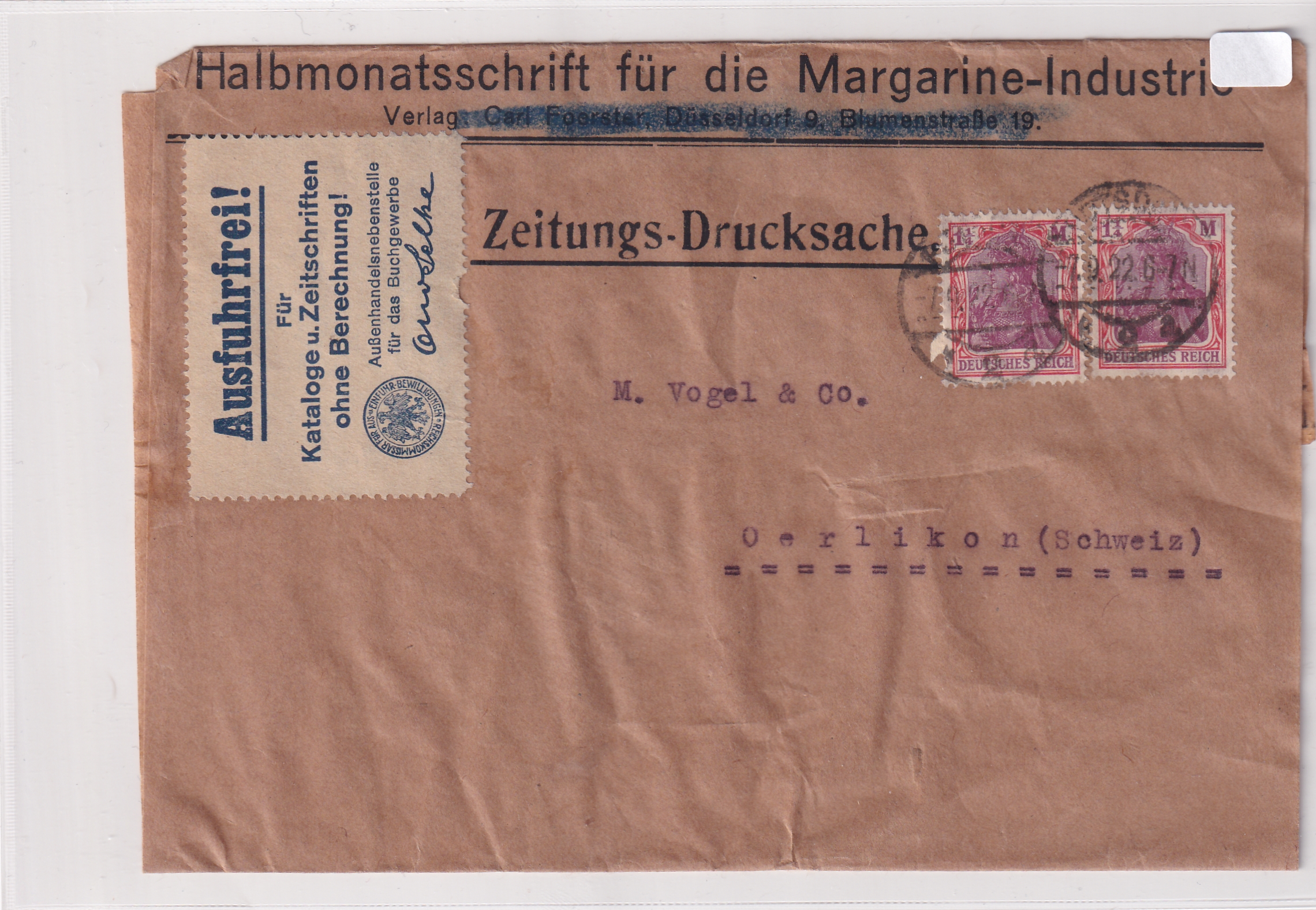 Deutsche Reich: 07.091922 Zeitungsdrucksache Margarine-Industrie  Berlin - Zürich