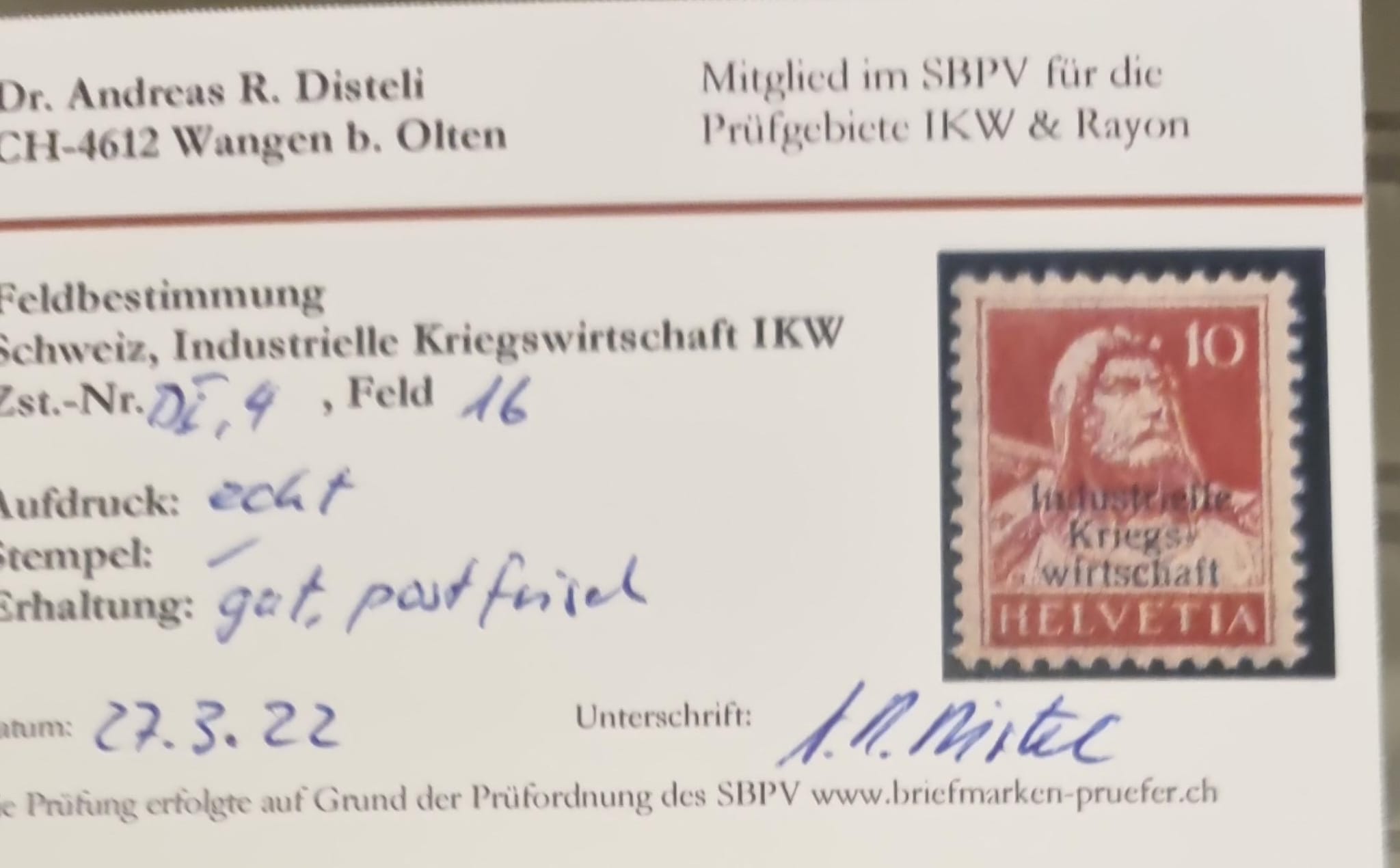 IKW Nr. 4 Feld 16 postfrisch mit Attest