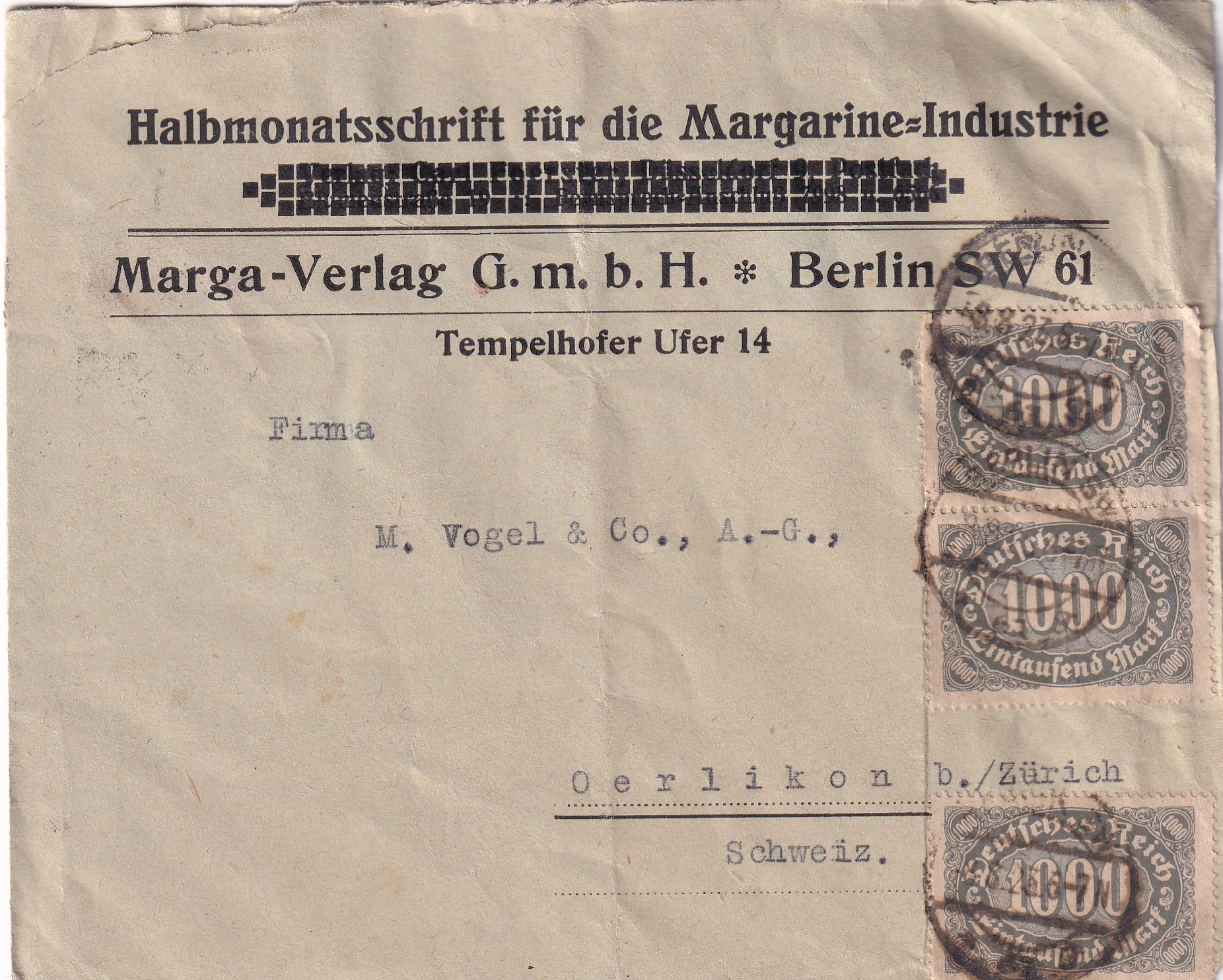 Deutsche Reich: 10.08.1923 Margarine Industrie Berlin - Zürich
