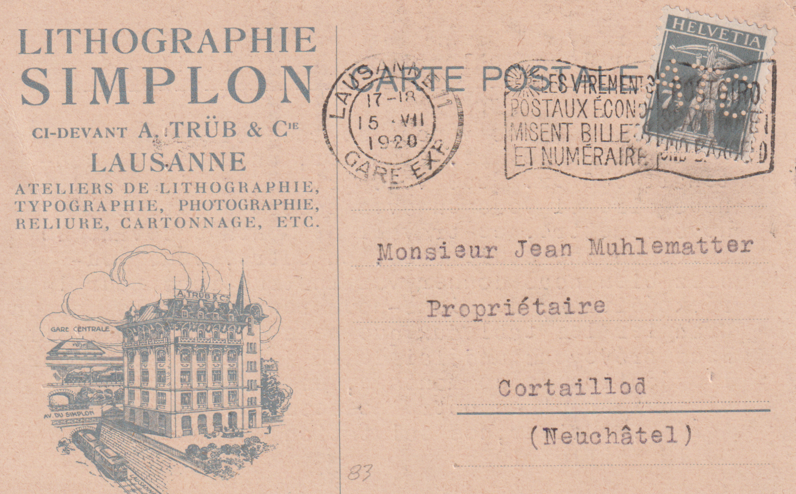 PERFIN: Lithographie Simplon Lausanne - Neuchatel
