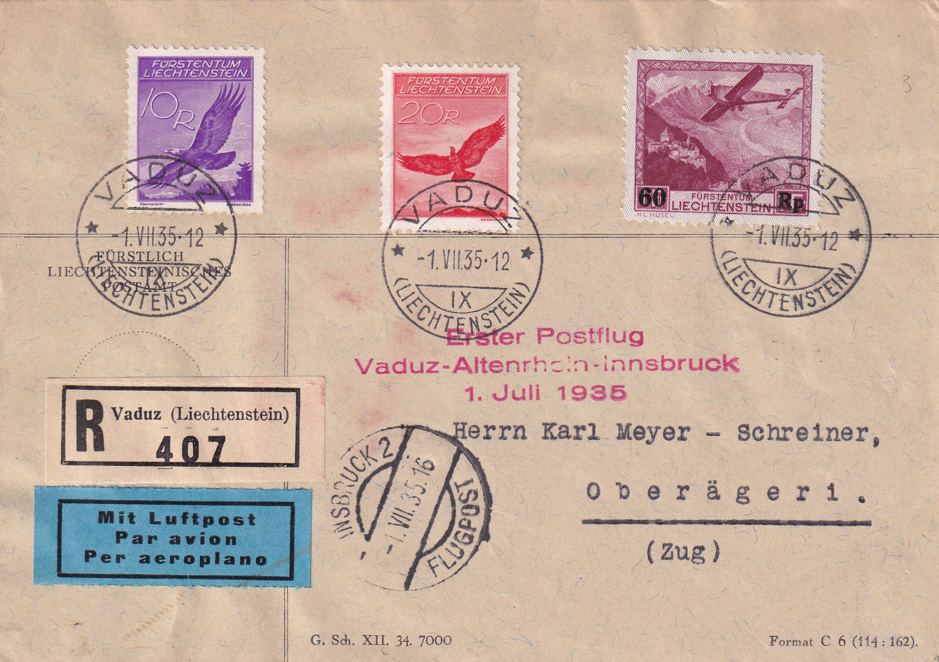 Liechtenstein 01.07.1935 Erster Post Flug Vaduz - Innsbruck