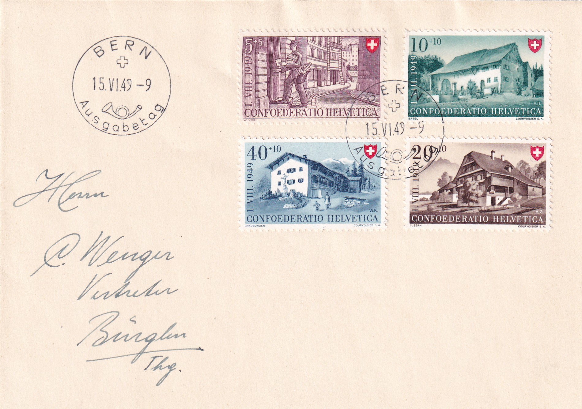 Pro Patria 1949  Erstagbrief deutsch