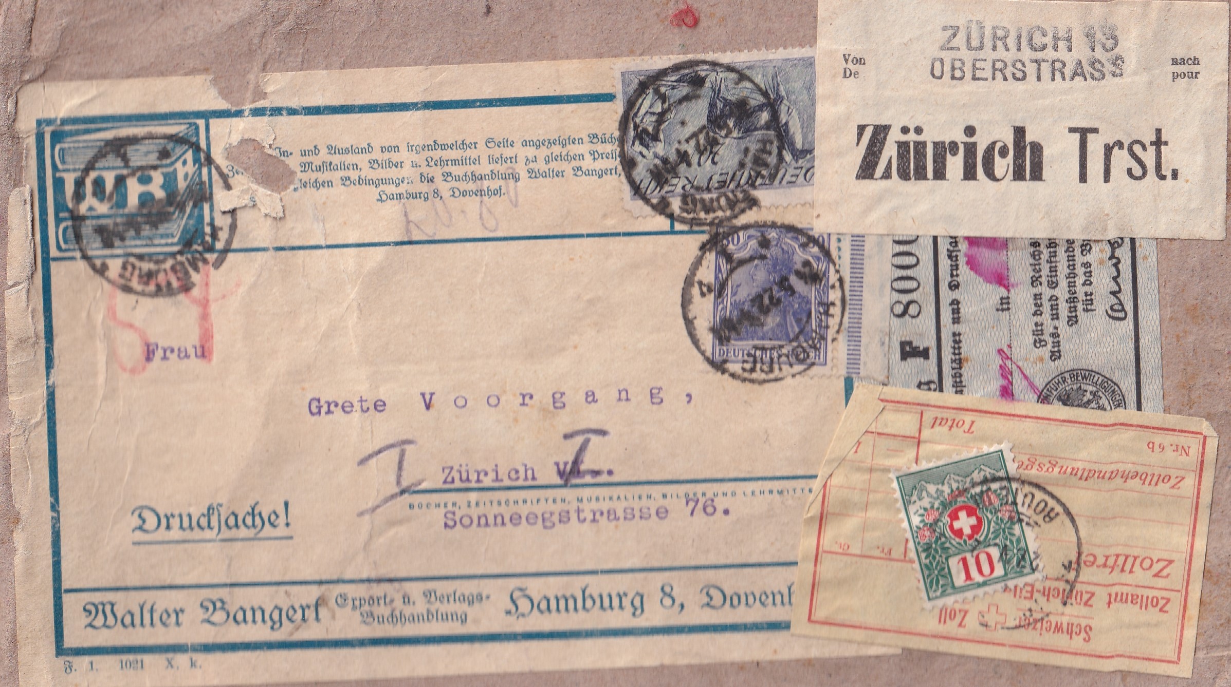 24.5.1922 Hamburg - Zürich Zollfrei Nachtaxiertes Packet