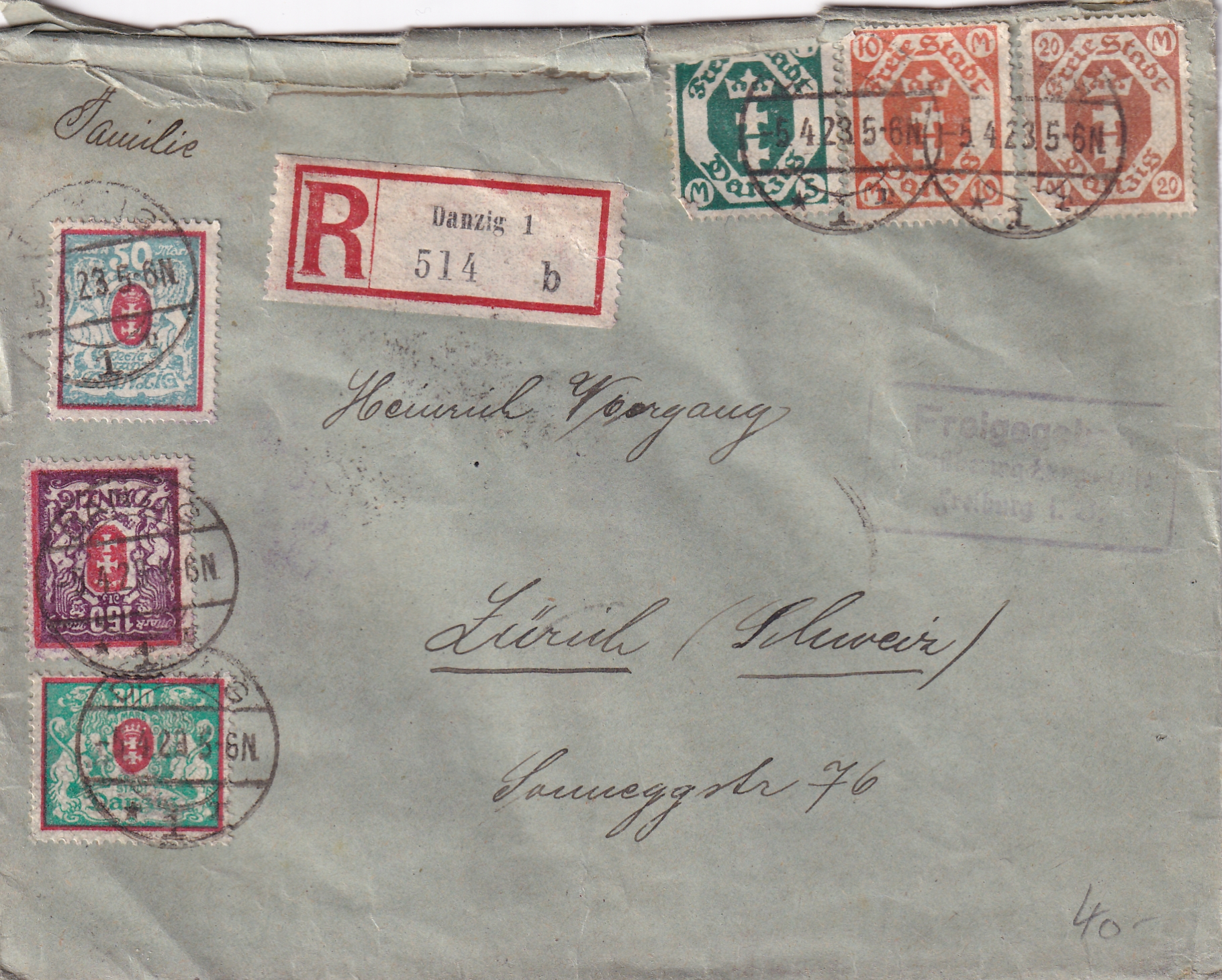 Brief von 1923 Danzig - Zürich