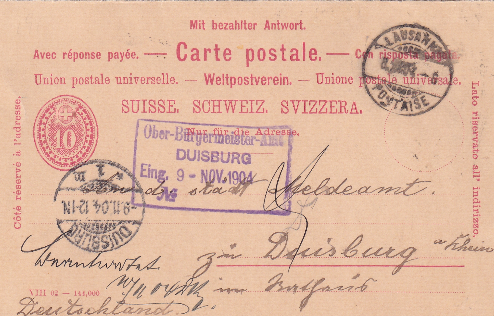 09.02.1904 Lausanne - Duisburg bezahlte  Antwortkarte.