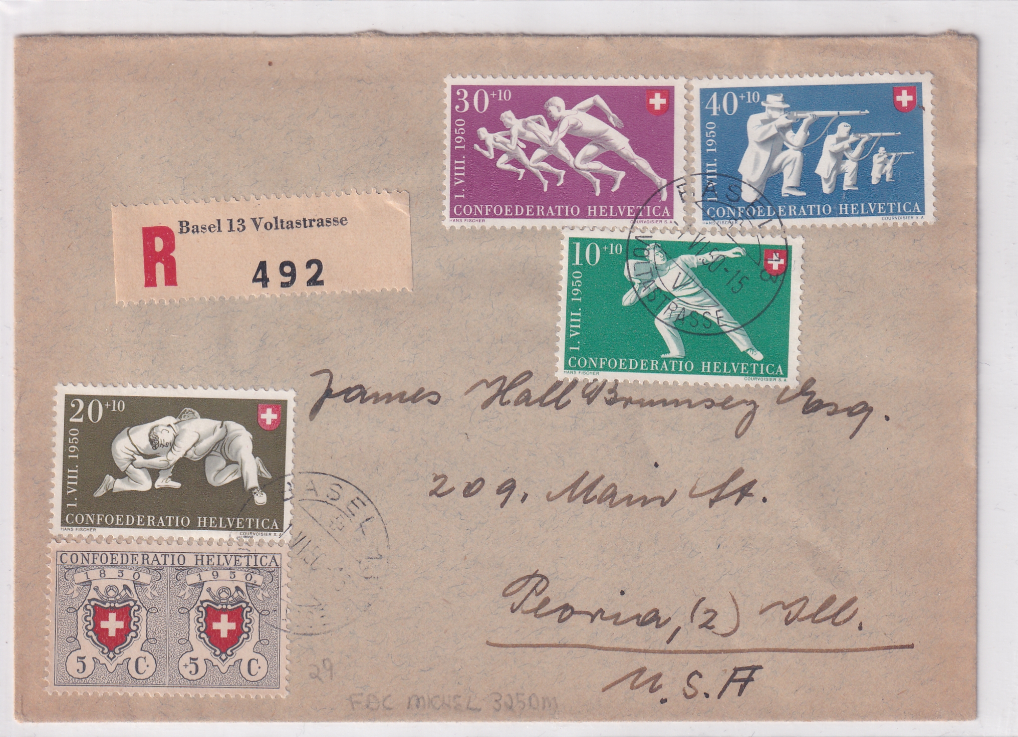 Pro Patria 1950  FDC Basel - Chicago USA
