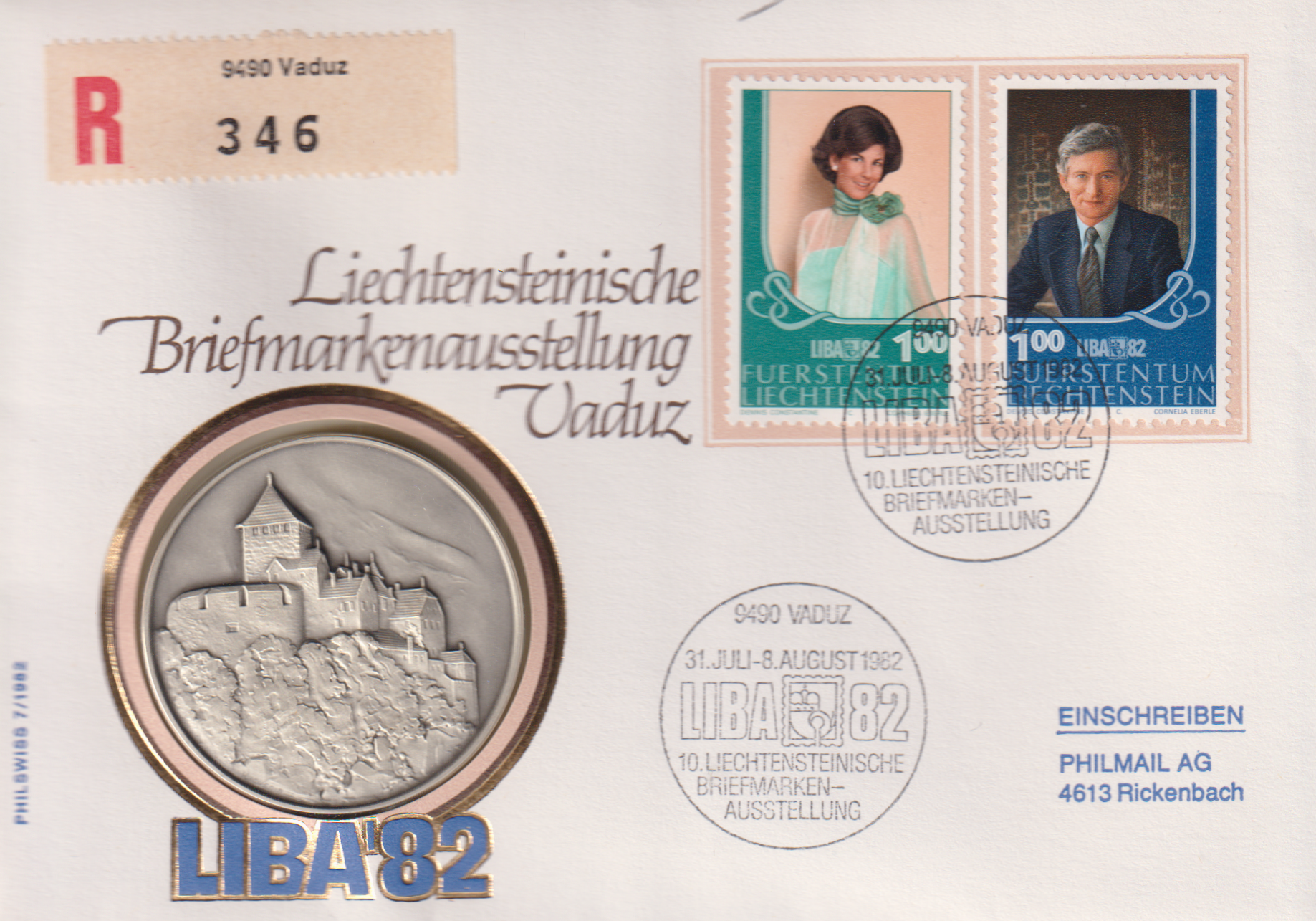 LIBA 1982 10 Briefmarken Ausstellung in Liechtenstein mit Gedenkmünze