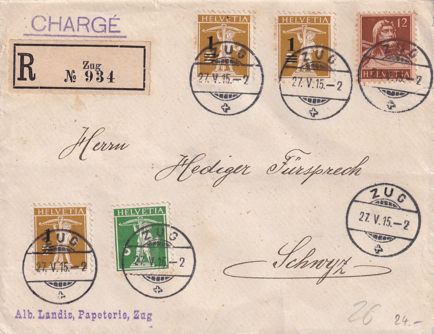 27.05.1915 Zug - Schwyz schoene Frankatur