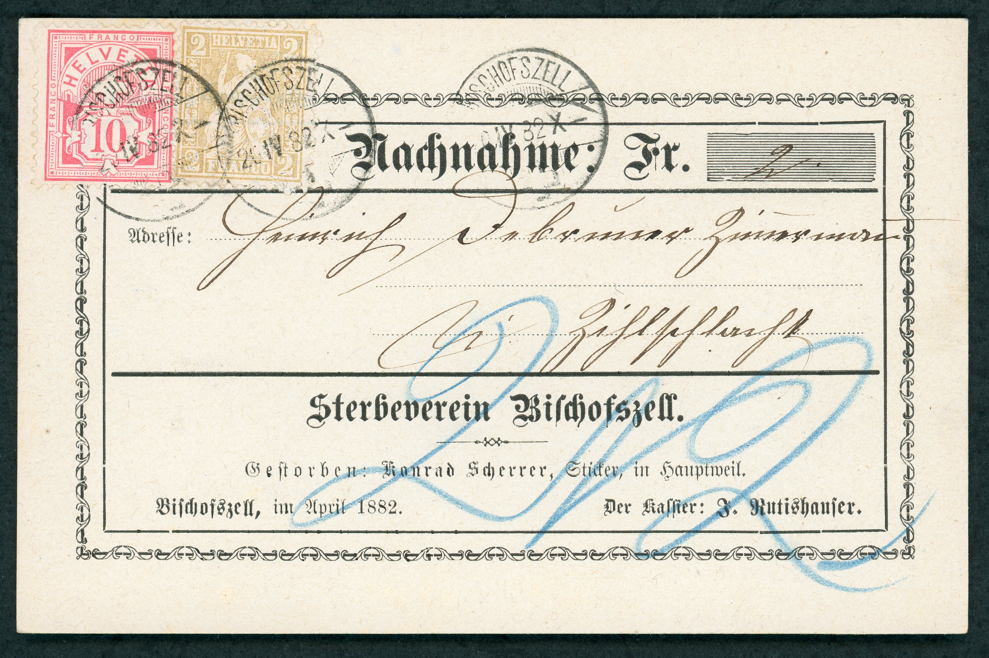 Zifferbriefmarken  SBK   44 + Sitzende Helvetia SBK  55 auf Nachnahmekarte