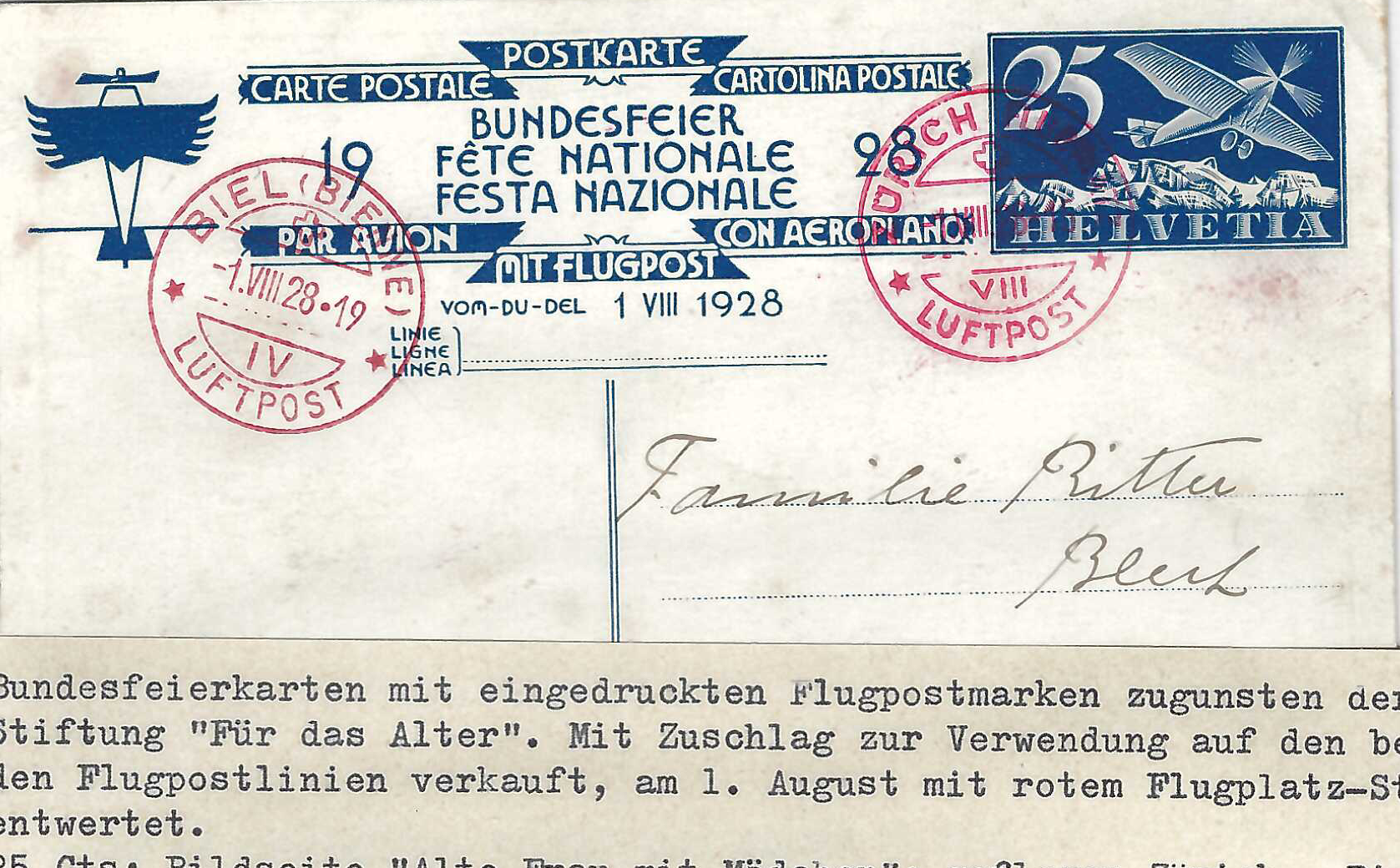 Flug 1.8.28 Zürich - Biel mit Bundesfeierkarte von 1928