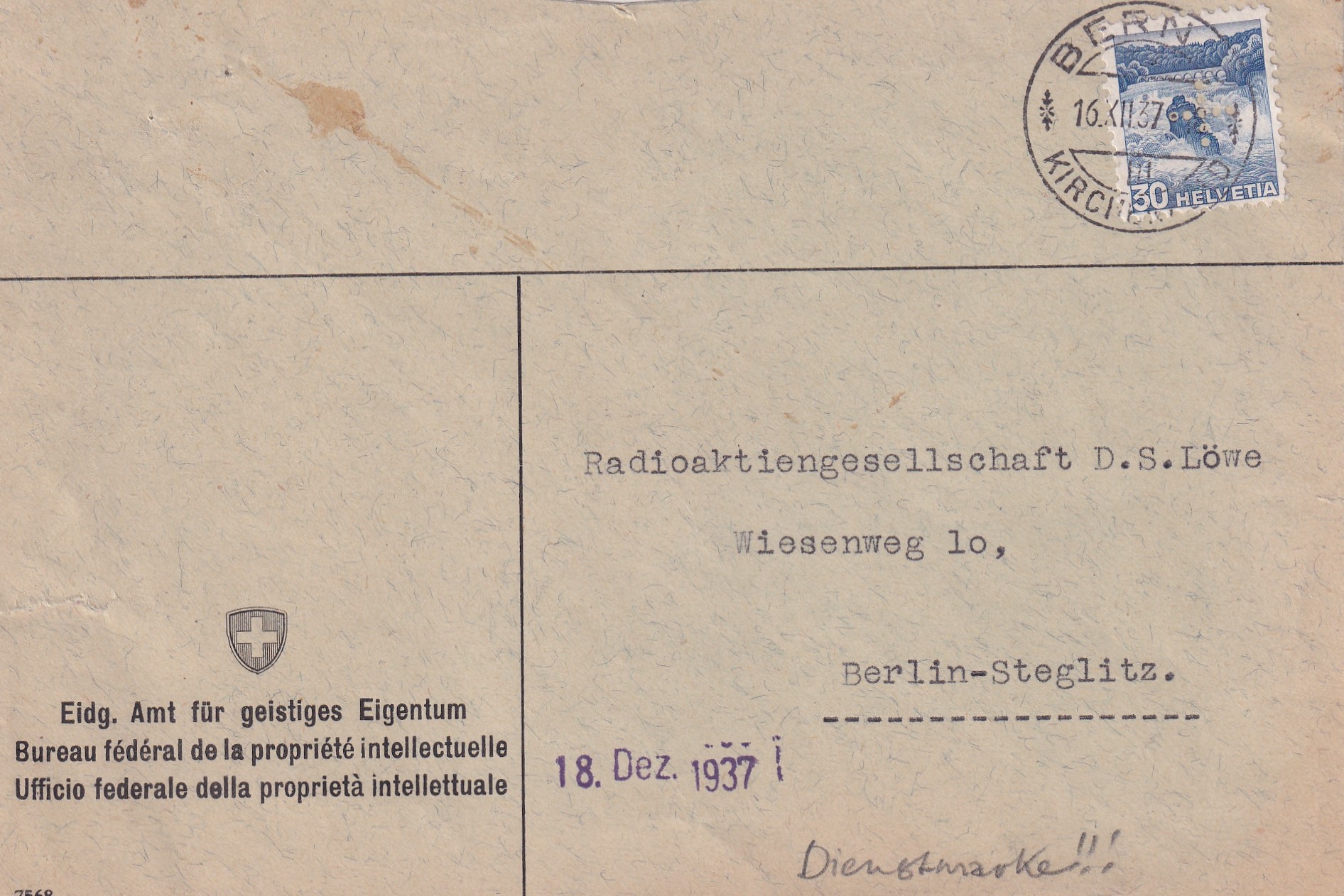 Verwaltungsmarken (DII) Nr. 7 16.12.37  Bern - Berlin