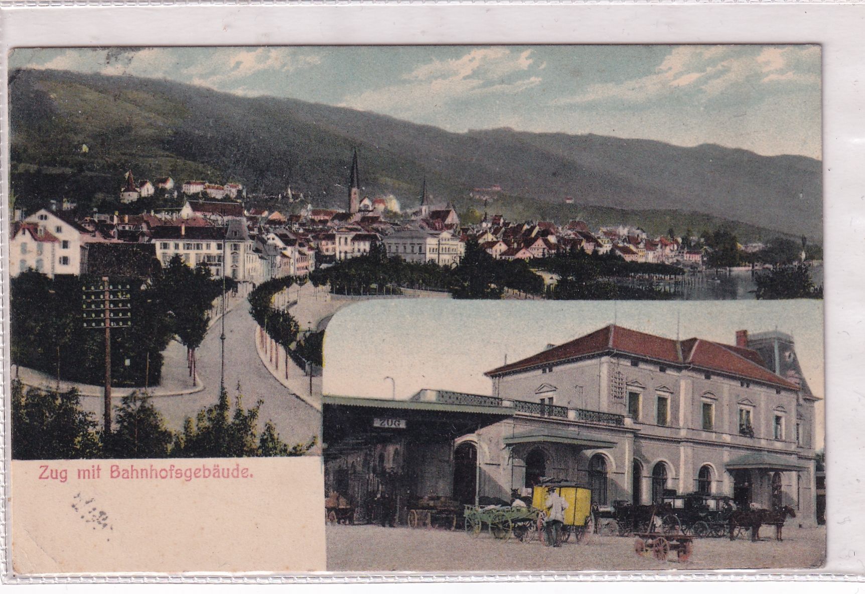 1913 Zug mit Bahnhofgebäude und Postkutsche