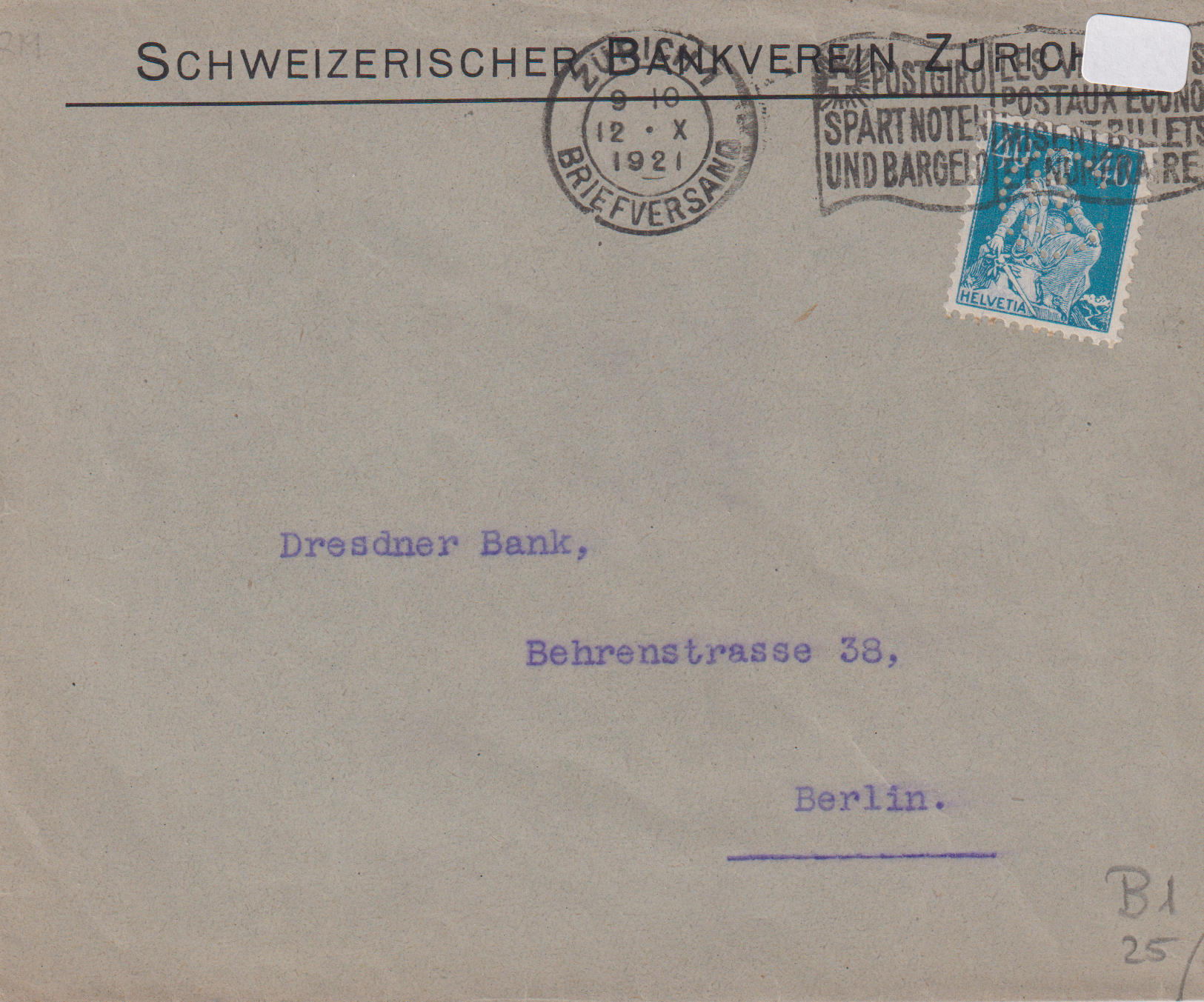 PERFIN: 12.10.1921 SBV Zürich - Berlin (D)