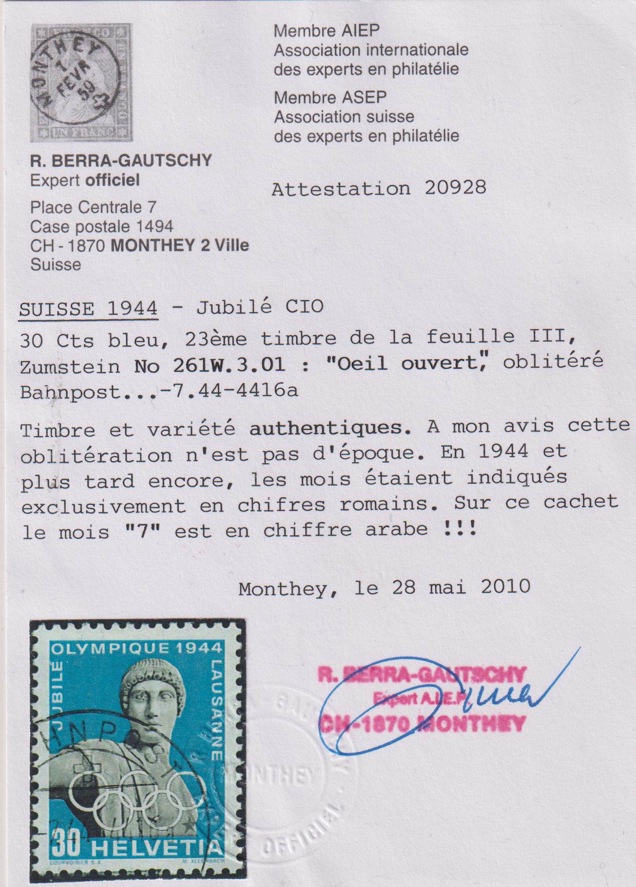 Abart "offenes Auge " SBK Nr. 261W.3.01 gestempelt Bahnpost