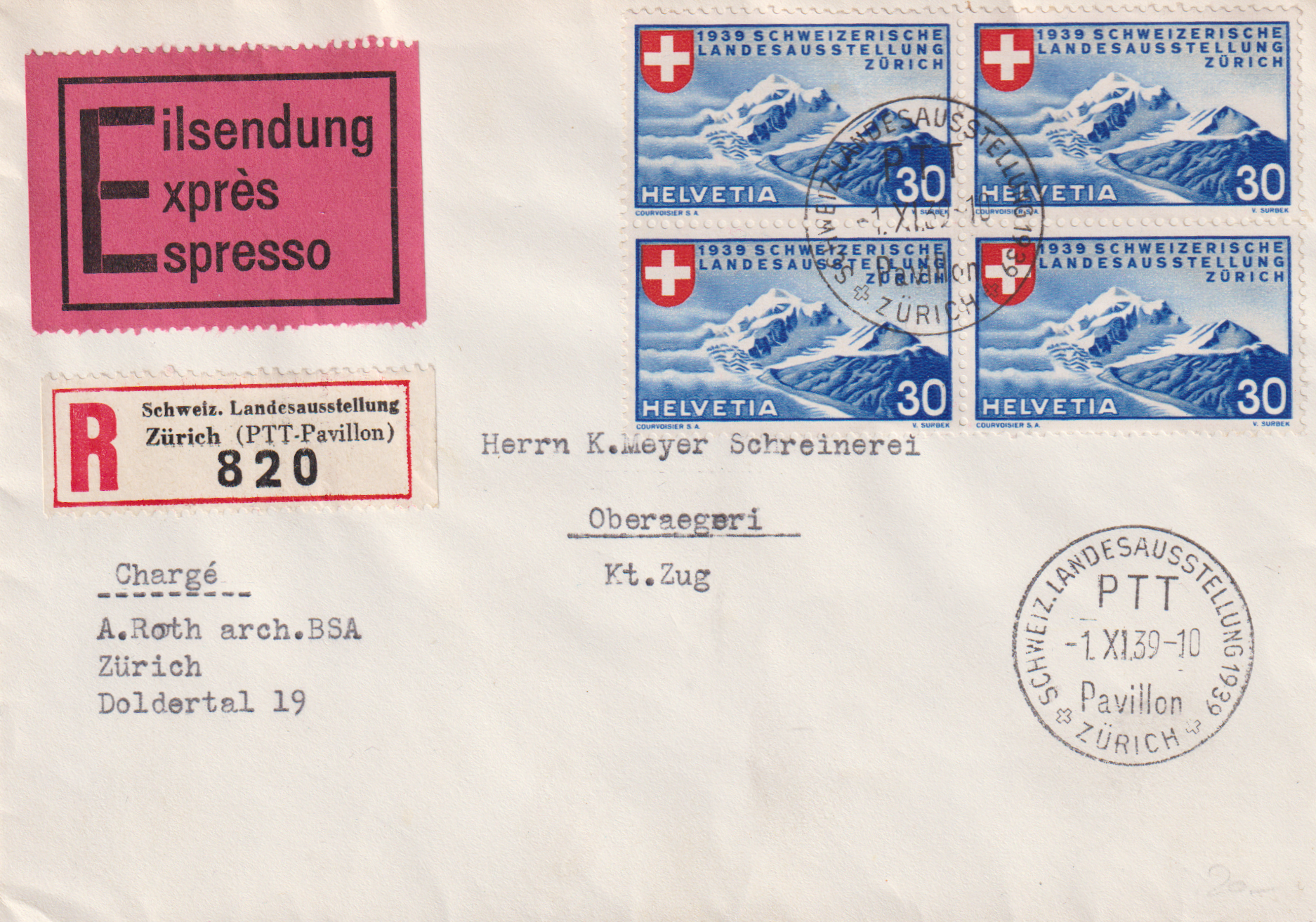 Expressbrief von Zürich - Oberägeri mit Tramstempel !