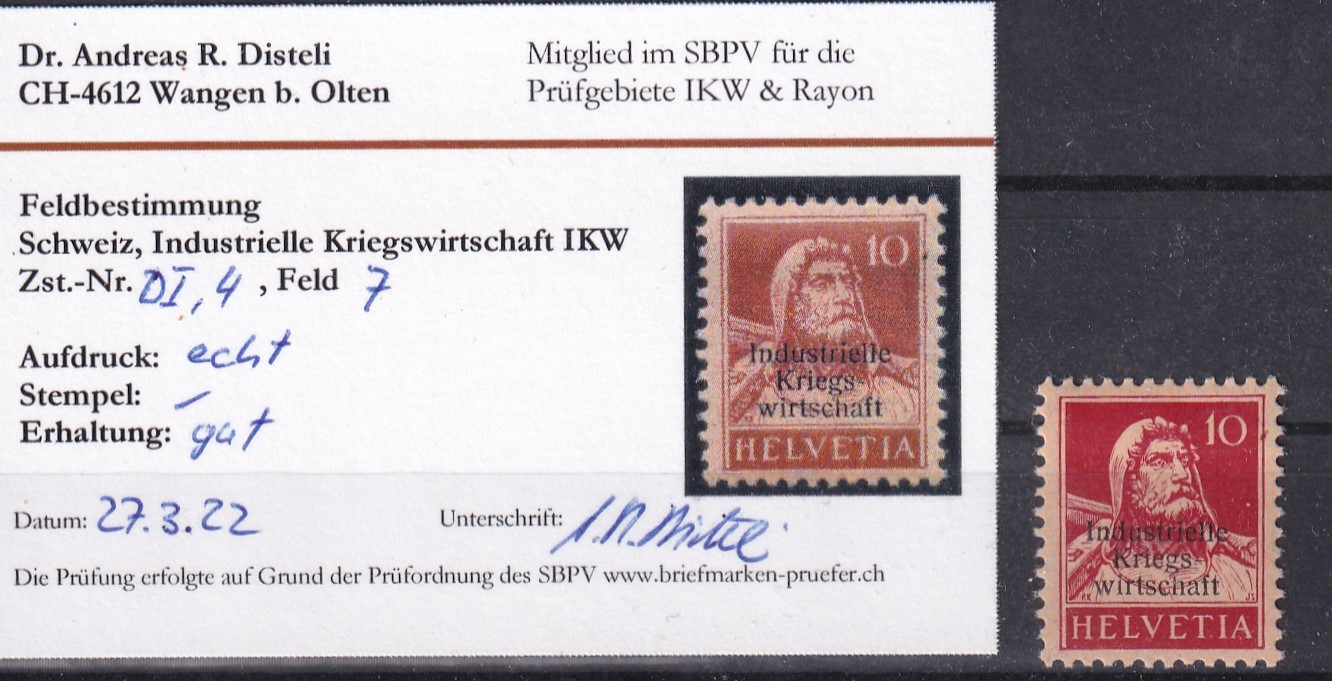 IKW Nr. 4 Feld 7 postfrisch mit Attest Disteli