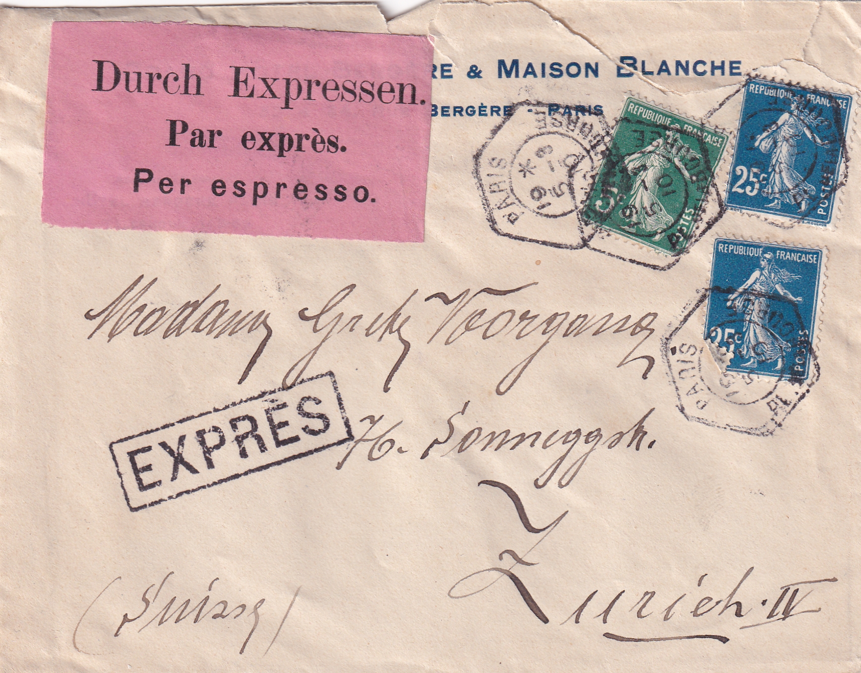 1910 Frankreich - Zürich Duch Expresen mit Ankunftsstempel