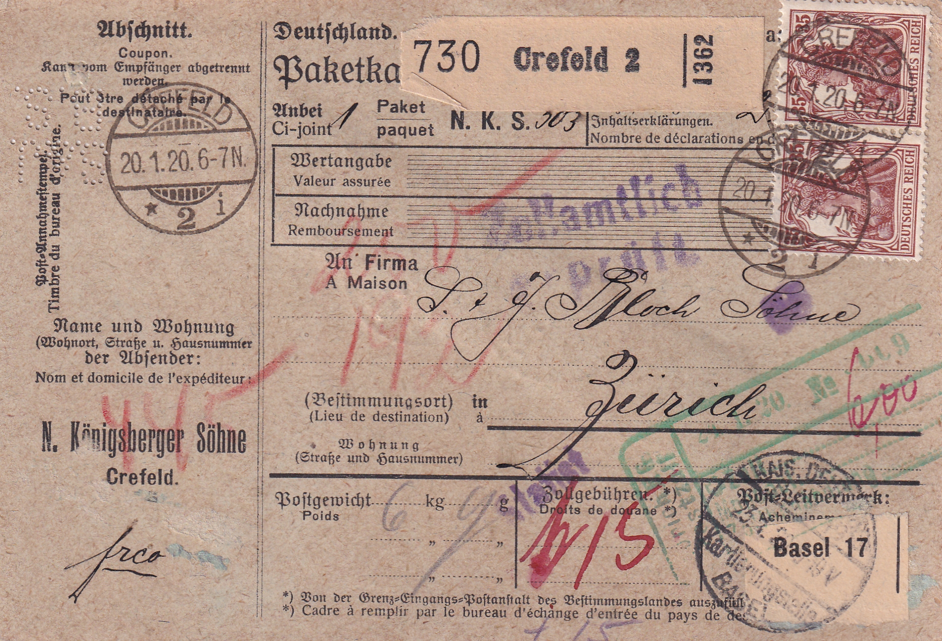 Deutsche Reich: 12.01.1920 Crefeld DE  - Zürich  Ausstellungsstück mit Beschrieb geprüft Kroschel