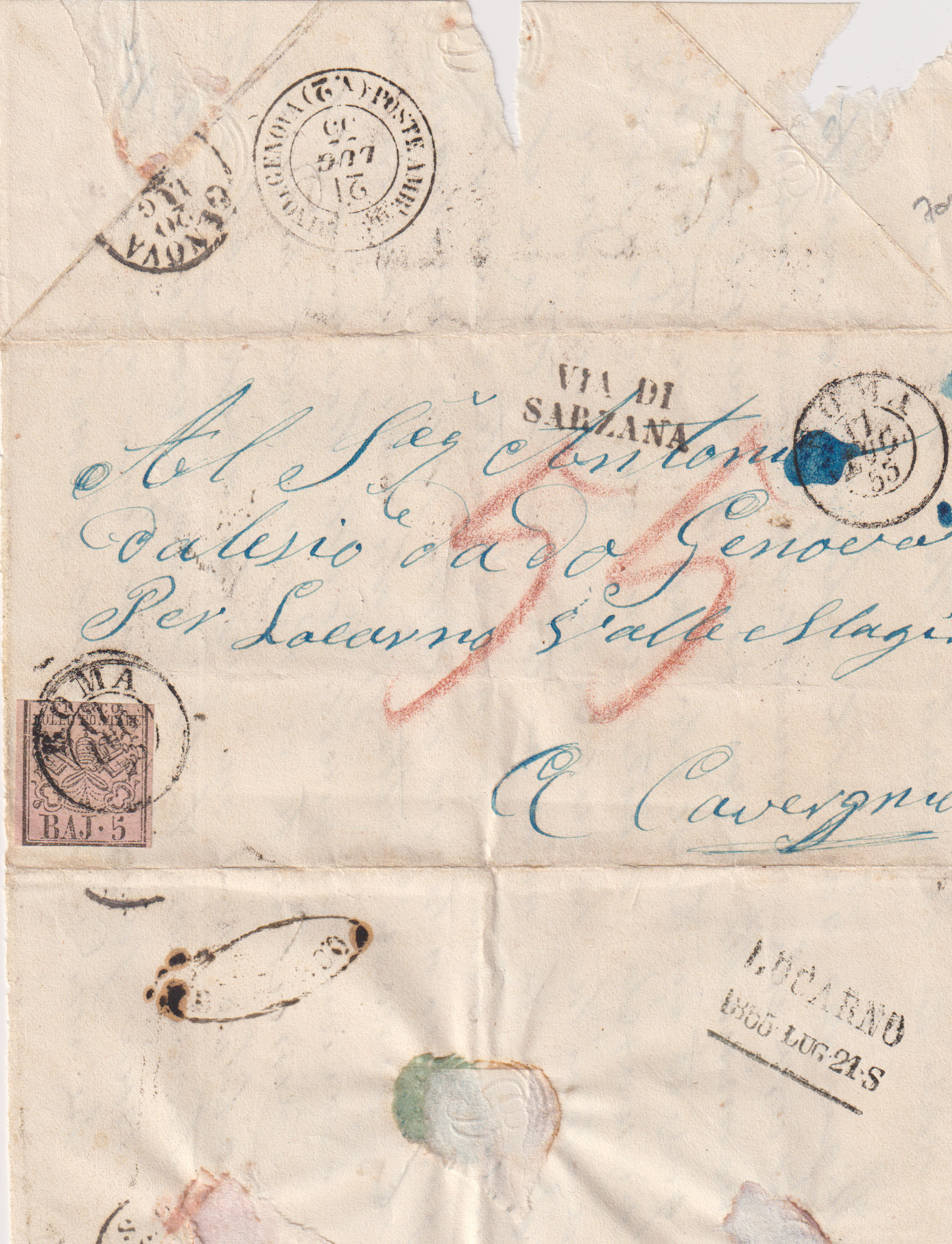 Kirchenstaat MI Nr. 6B -Stempel ROM  17.August 1855 via Genua - CAVEGNO Strahlenstempel Ankunfststempel