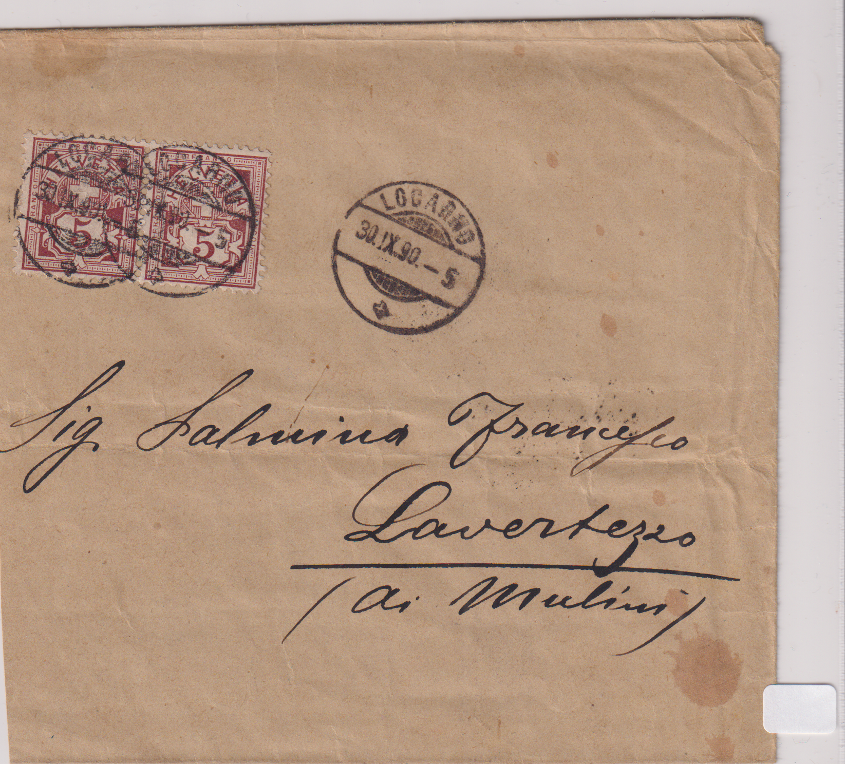 Strahlenstempel LAVERTEZZO Brief von Locarno via Gordola nach Lavertezzo vom 1.10.1890
