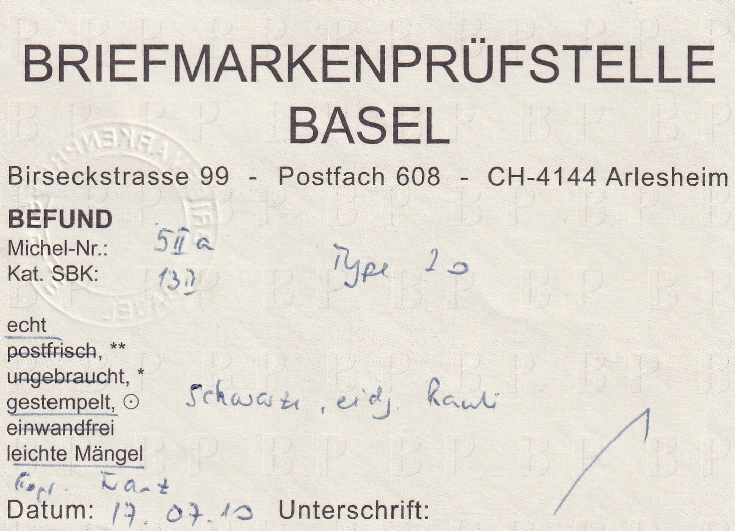 Orts-Post ohne Kreuzeinfassung Typ20 mit Eidg. Raute und Attest
