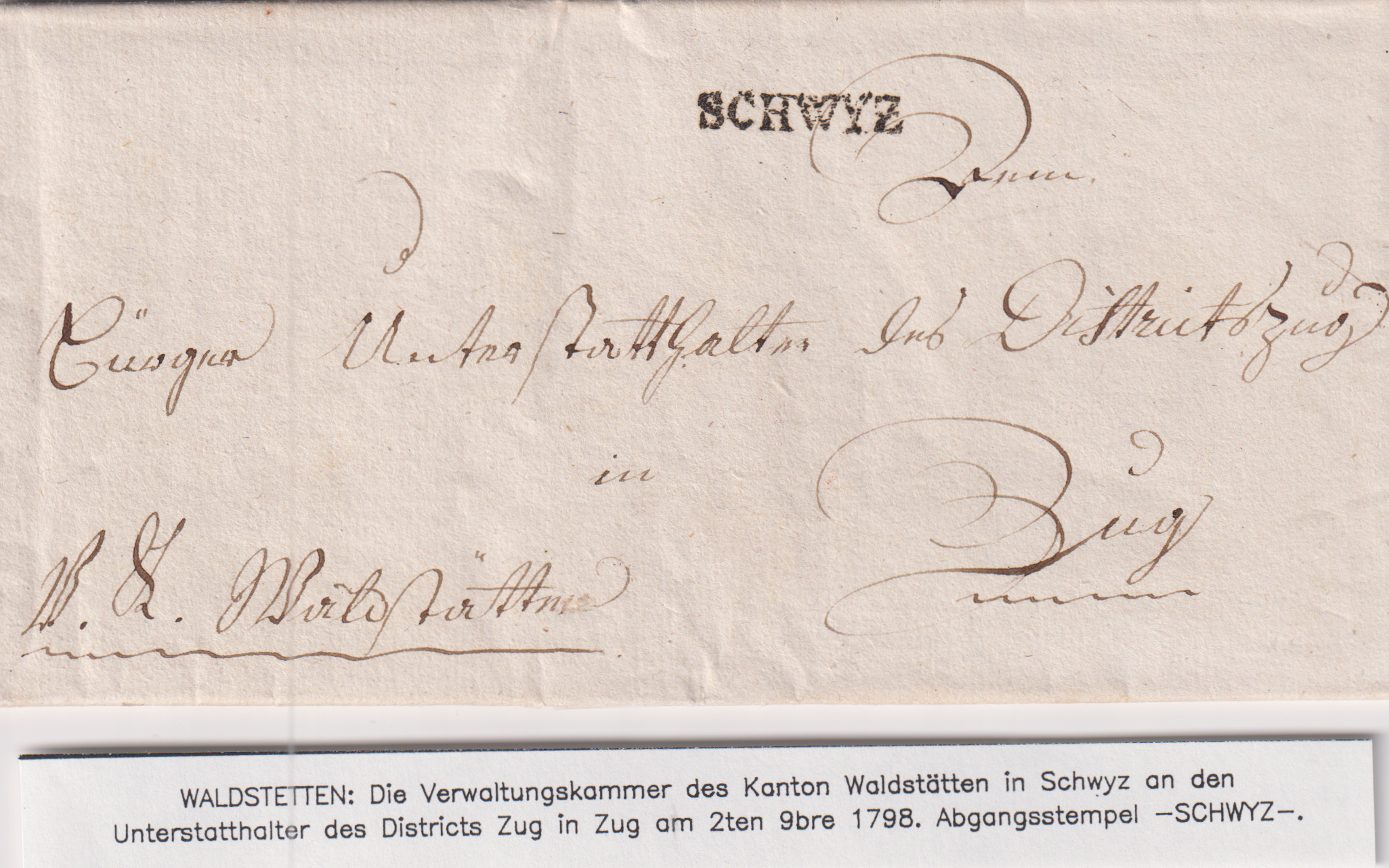 Helvetic Brief von Schwyz nach Zug im Kanton Waldstätten von 1798