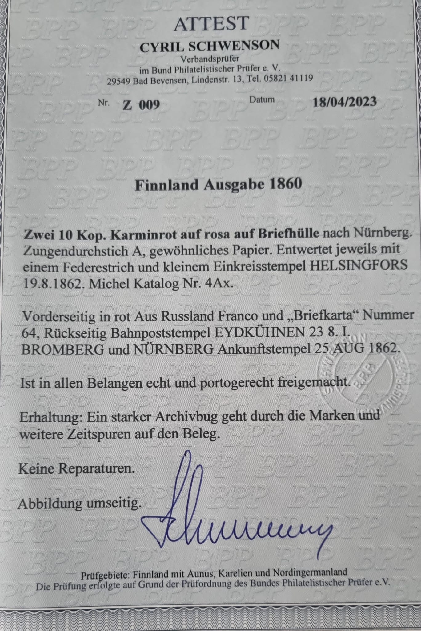 19.08.1862 Finnland - Nürnberg via Russland mit Attest