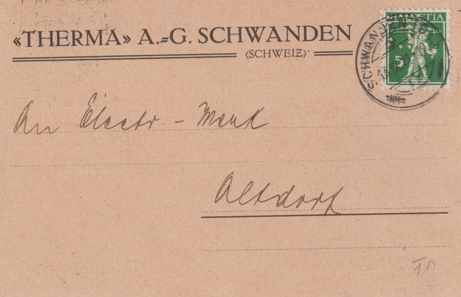 Perfin T17 auf Postkarte