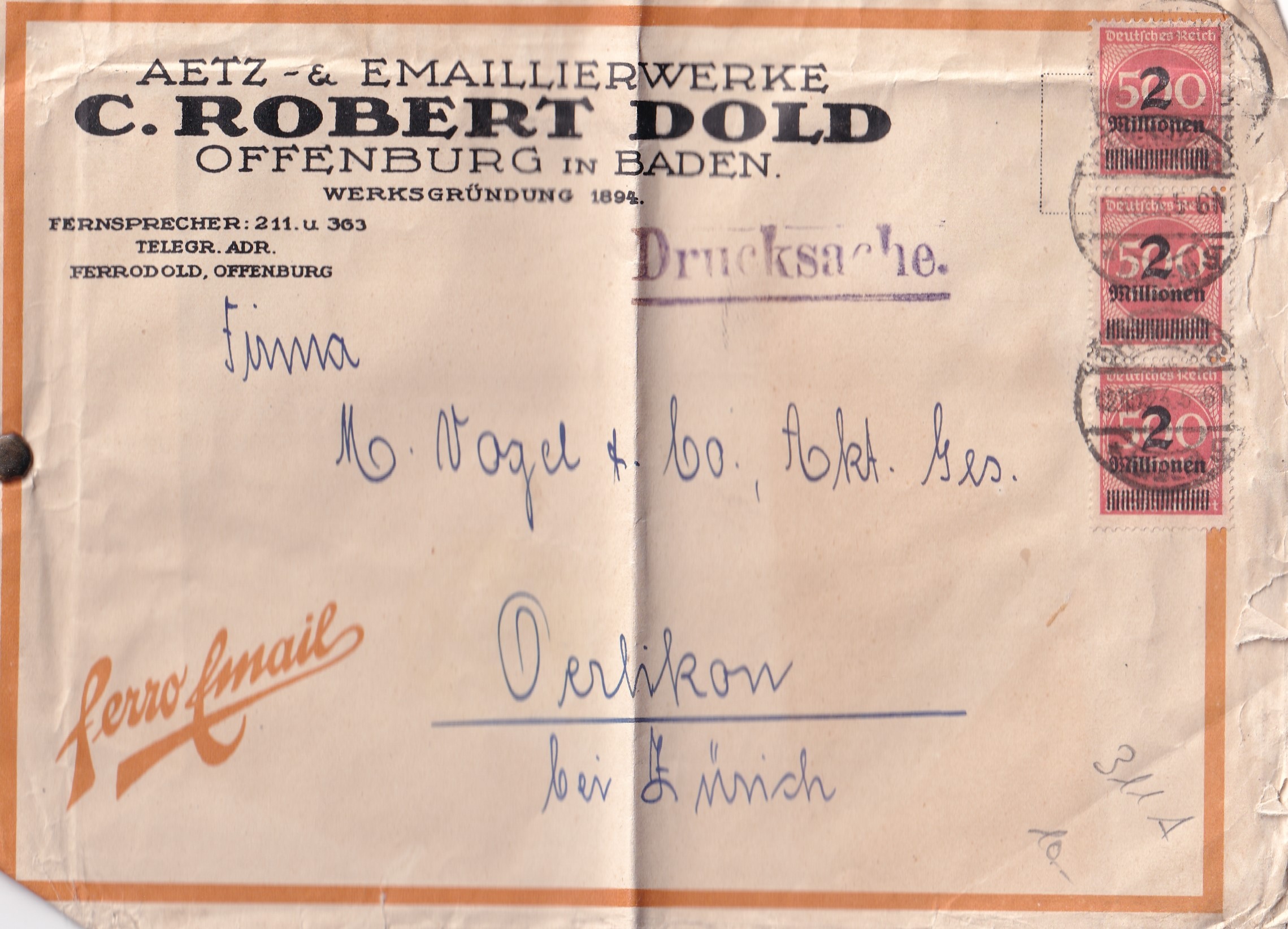 Deutsche Reich: 22.10.1922 Offenburg - Zürich Warenmuster Sendung