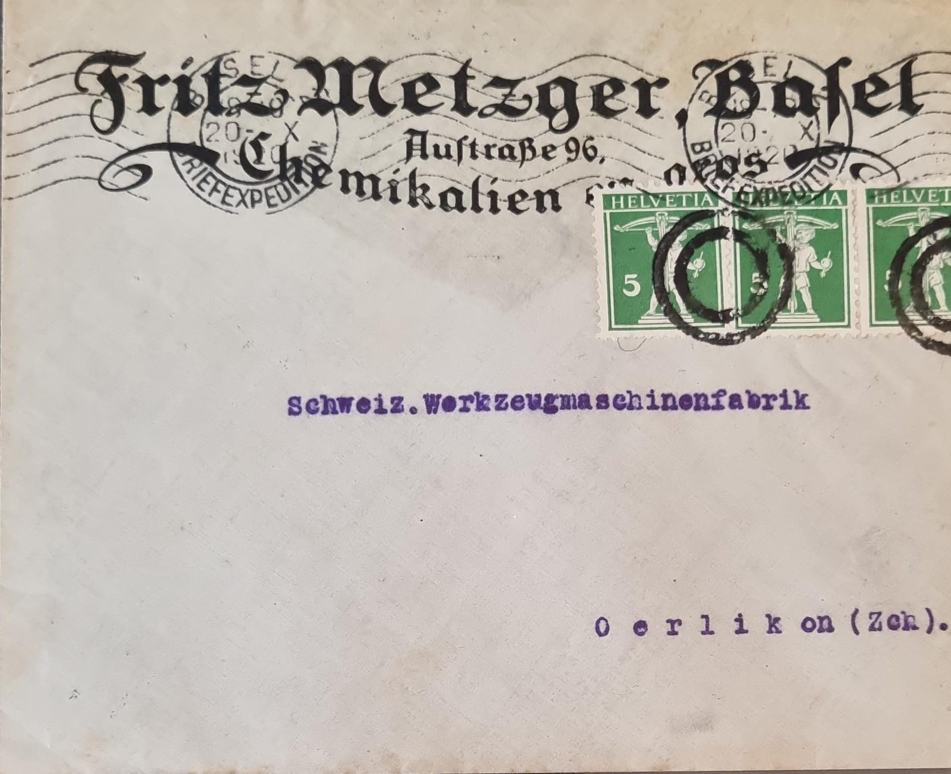 Brief von Basel - Zürich  Zollstempel