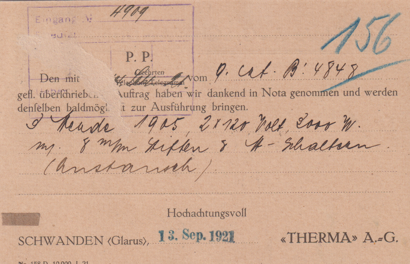 Perfin T17 auf Postkarte