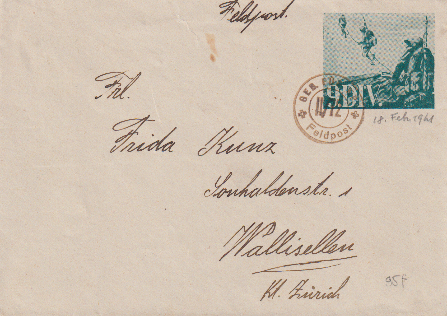 Gebirgsfüsilier Nr. 95 F auf Ganzsache  nach Wallisellen