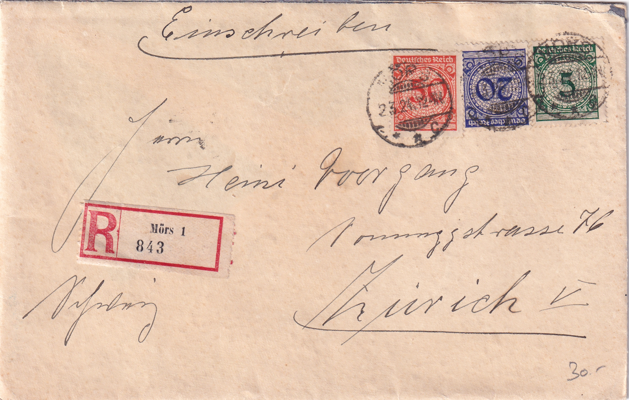 Deutsche Reich: 1924 R-Brief Moers - Zürich