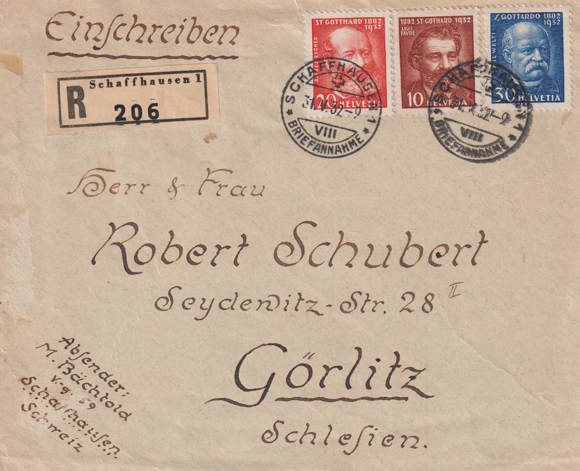 FDC Erstagsbrief 1932 Schaffhausen - Görlik DE