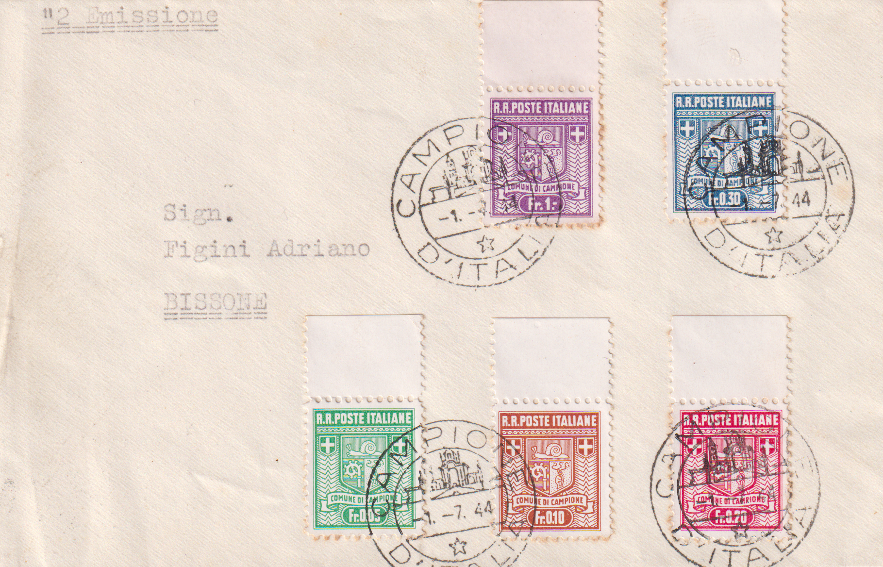 Campione d Italia 1944 Brief 2 Auflage  1.7.1944