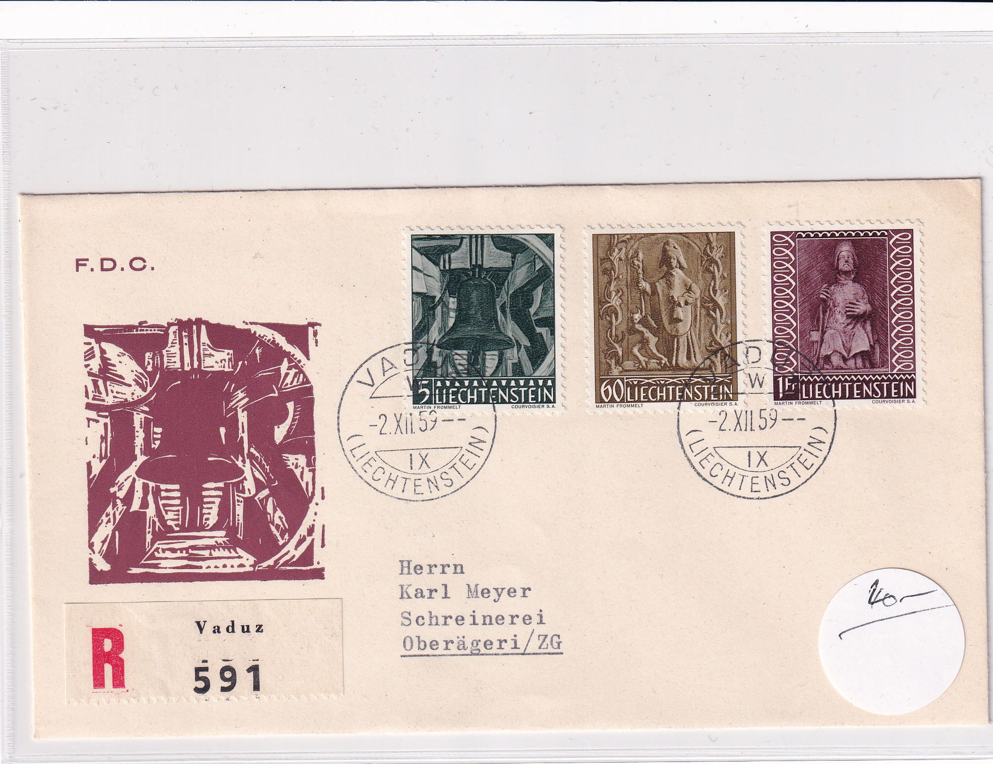 Liechtenstein FDC 2.12.1959 Vaduz - Oberägeri