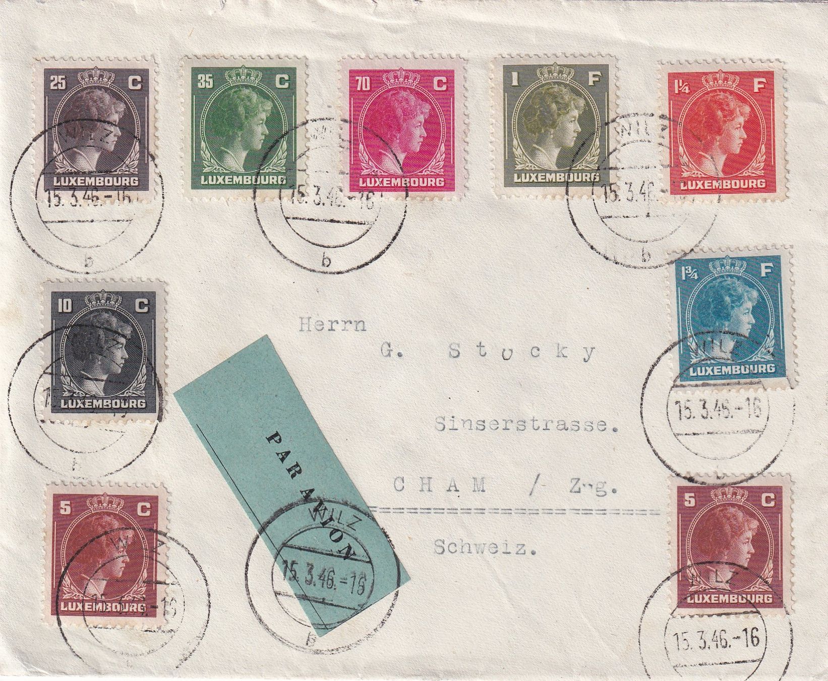 Brief von Wilz (LUX) - Cham (ZG)