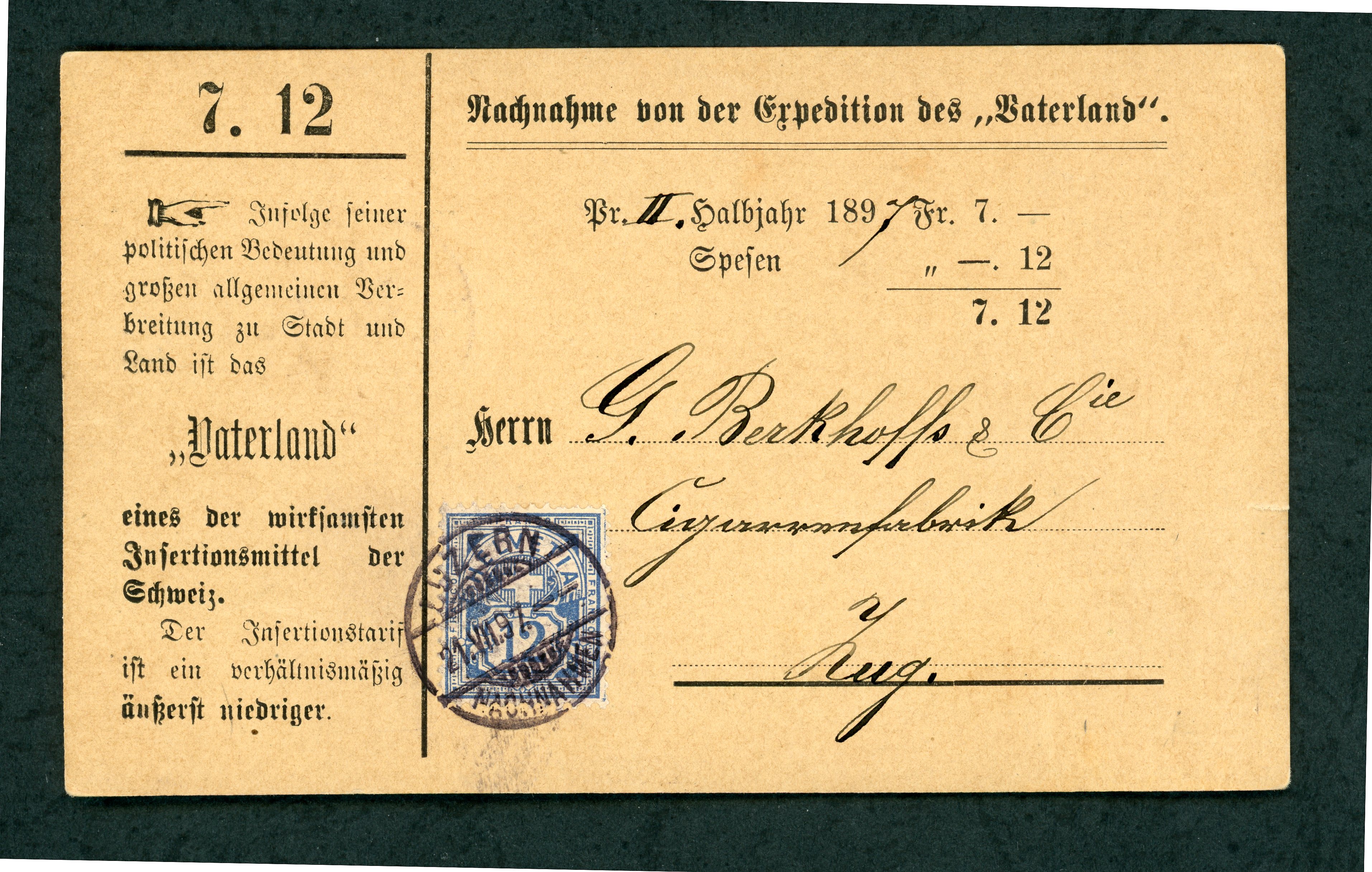 Zifferbriefmarken  SBK   56  auf Nachnahmekarte