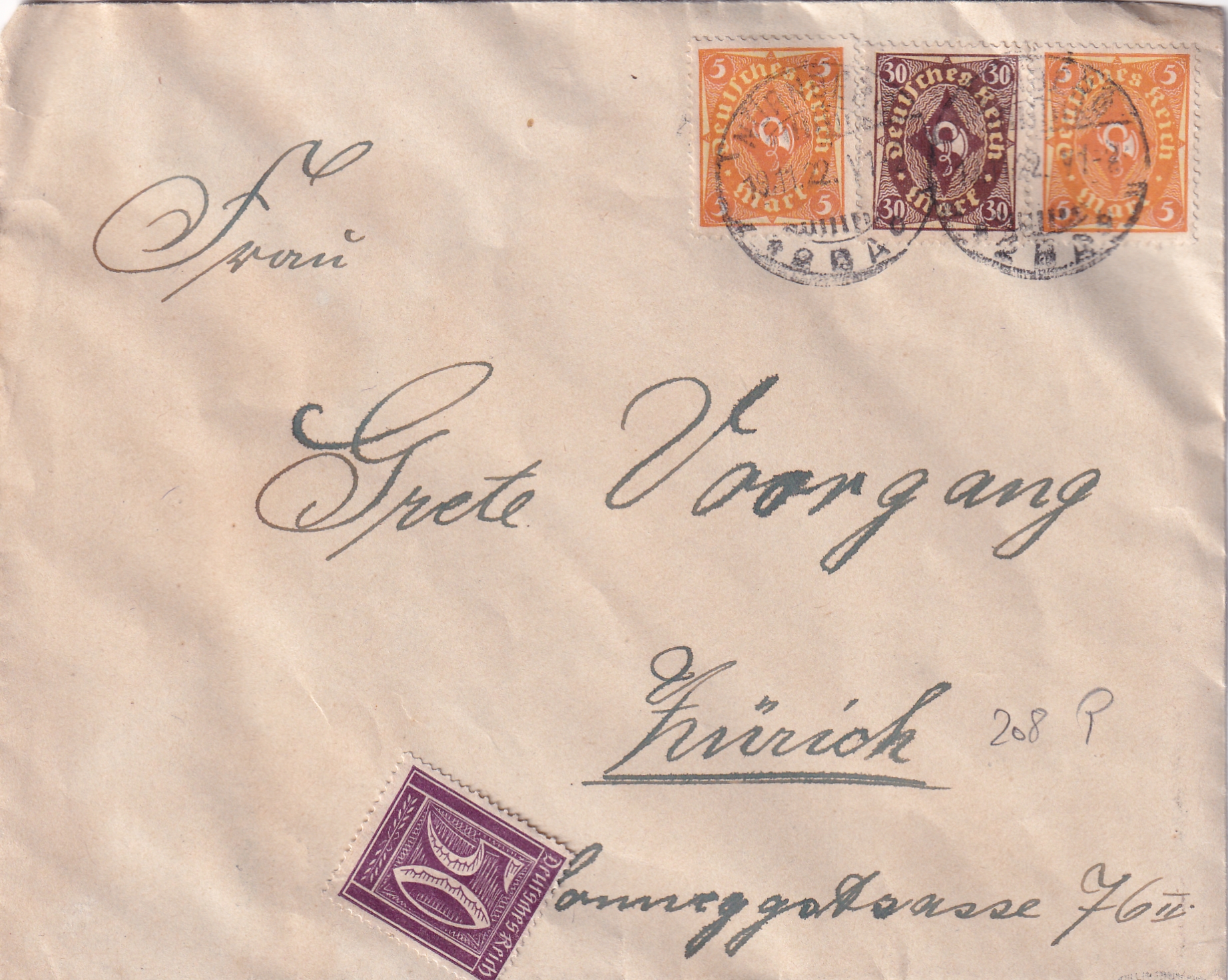 Deutsche Reich: 19.11.1922 Nürnberg - Zürich MI Nr. 208