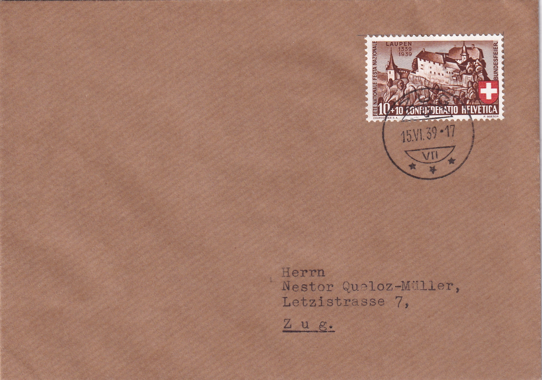 1939 FDC Pro Patria  SBK Nr. B"  Zug 15.06.1939